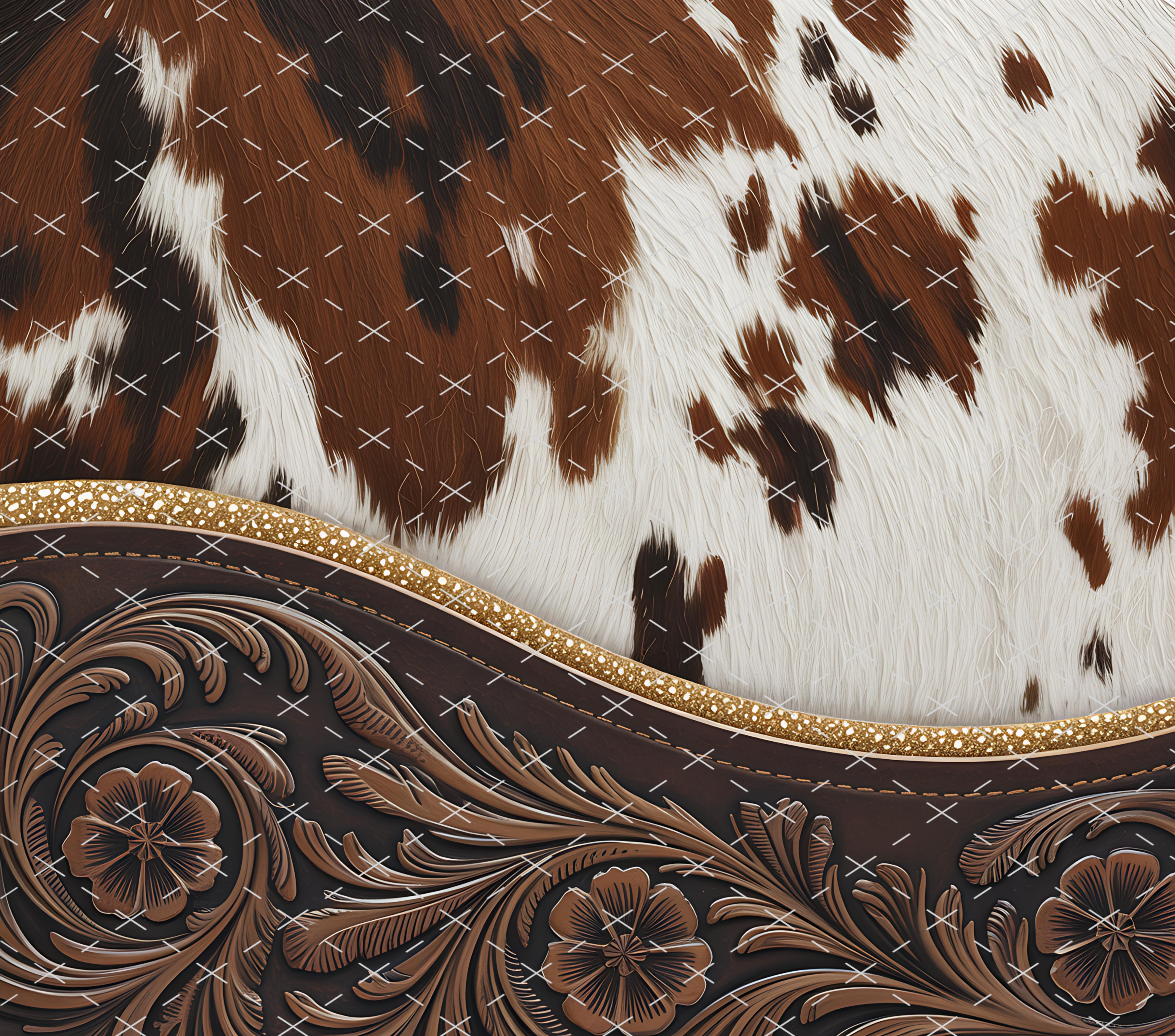 Western Cow Print Leather Floral tumbler wrap 20oz PNG