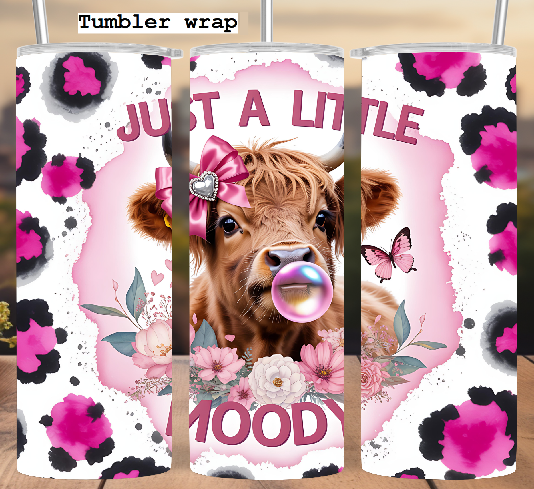 Just a Little Moody Cow: Cute Highland Cow with Bubble Gum and Pink Leopard tumbler wrap 20oz PNG