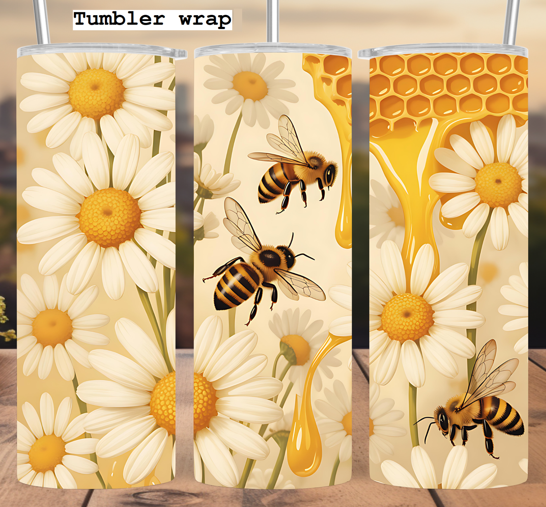 Honey Bee Daisy Floral Tumbler Wrap: Golden Honeycomb Nature Design tumbler wrap 20oz PNG