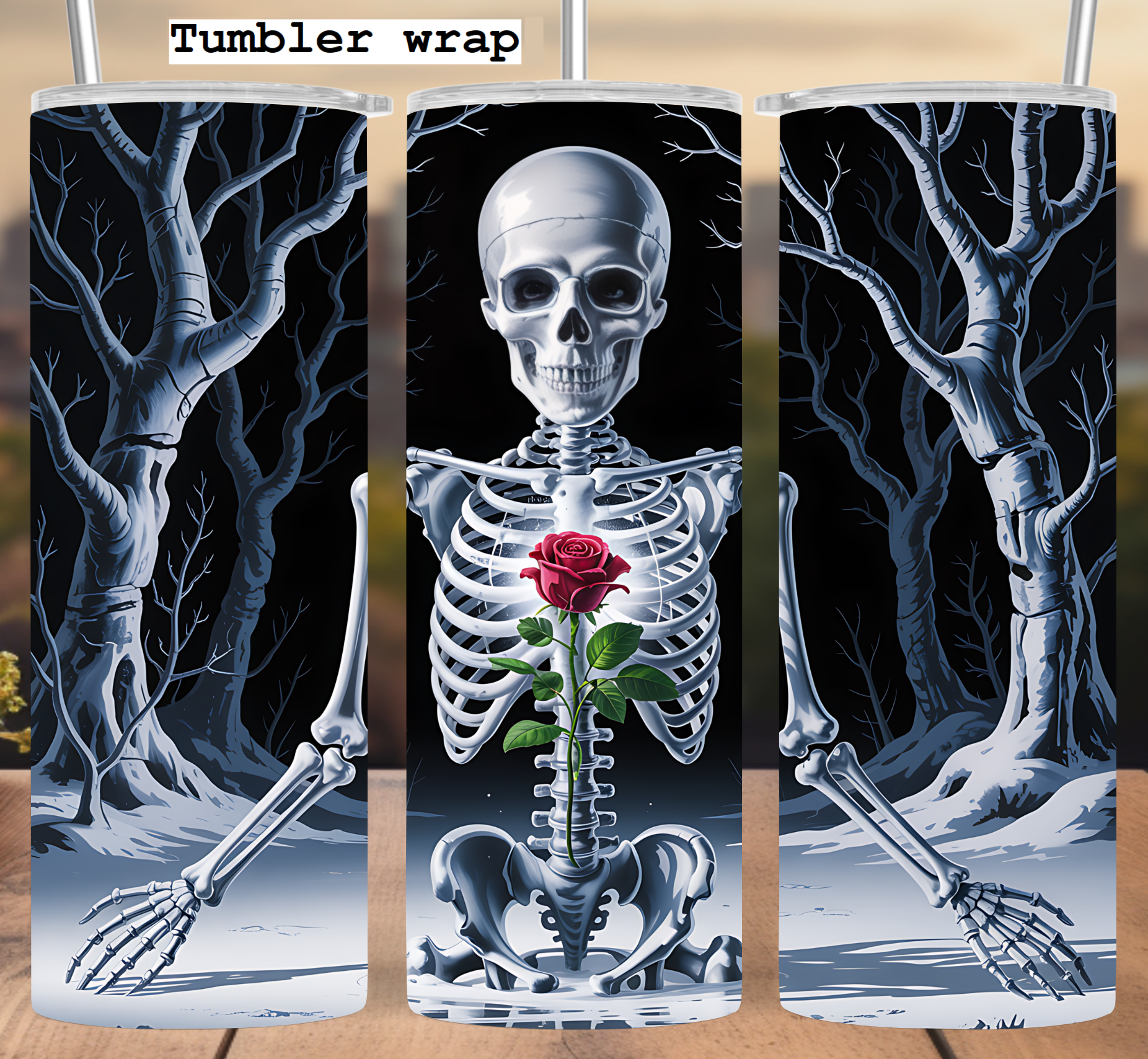 Skeleton Rose Forest Night tumbler wrap 20oz PNG