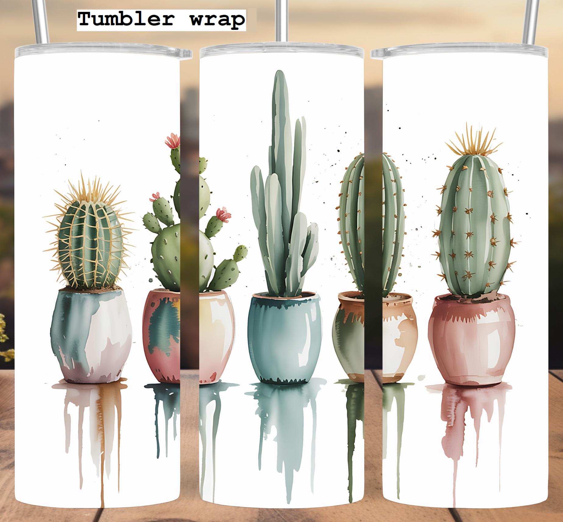 Watercolor Cactus Pots tumbler wrap 20oz PNG