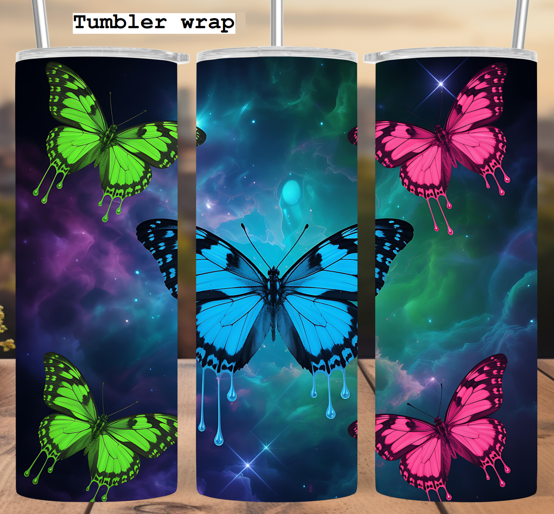 Galaxy Butterfly Design: Neon Cosmic Art with Vibrant Colors tumbler wrap 20oz PNG
