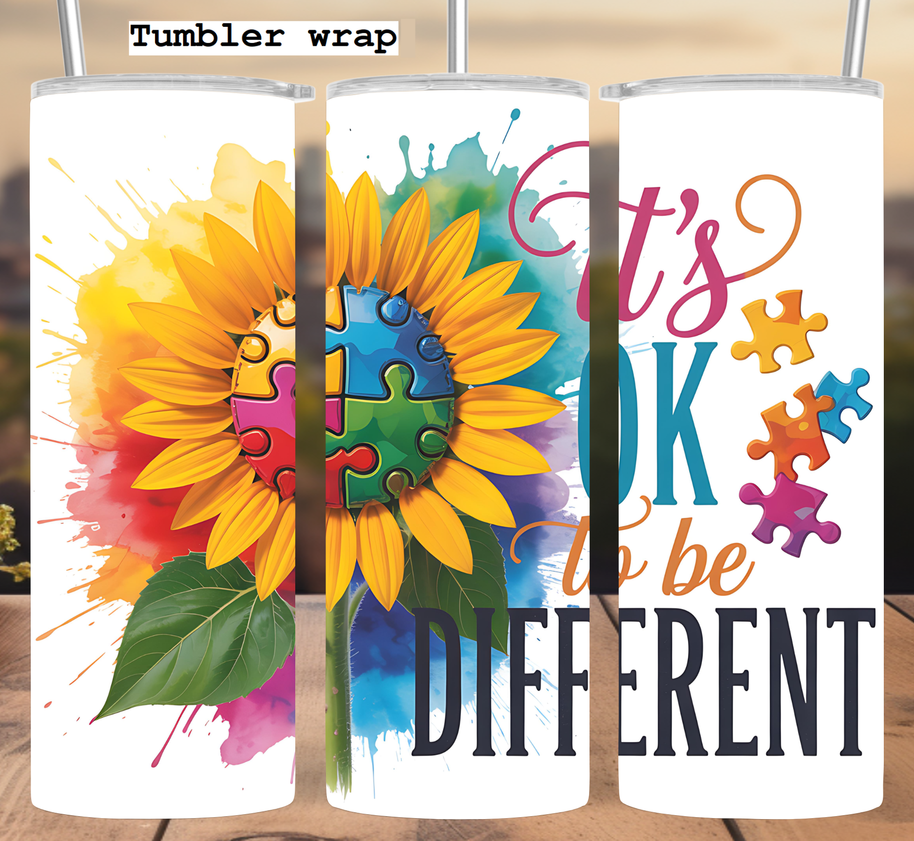 Autism Awareness Sunflower: Colorful Puzzle Design tumbler wrap 20oz PNG