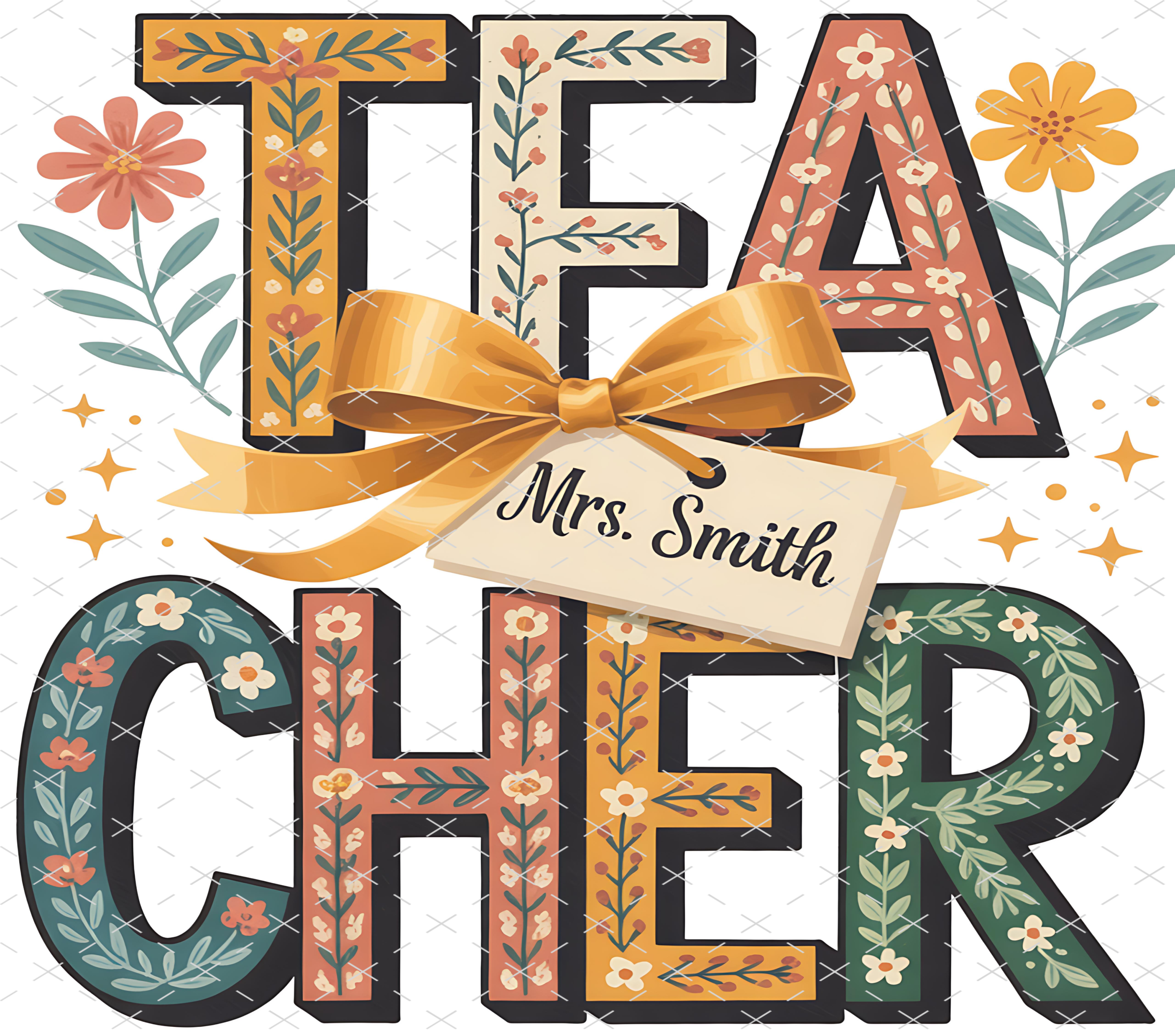 Floral Teacher Appreciation: Mrs. Smith Bow and Flowers Design tumbler wrap 20oz PNG