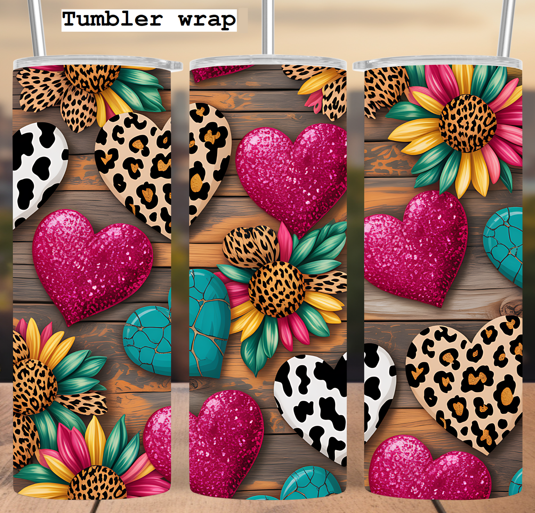 Leopard Sunflower Hearts tumbler wrap 20oz PNG