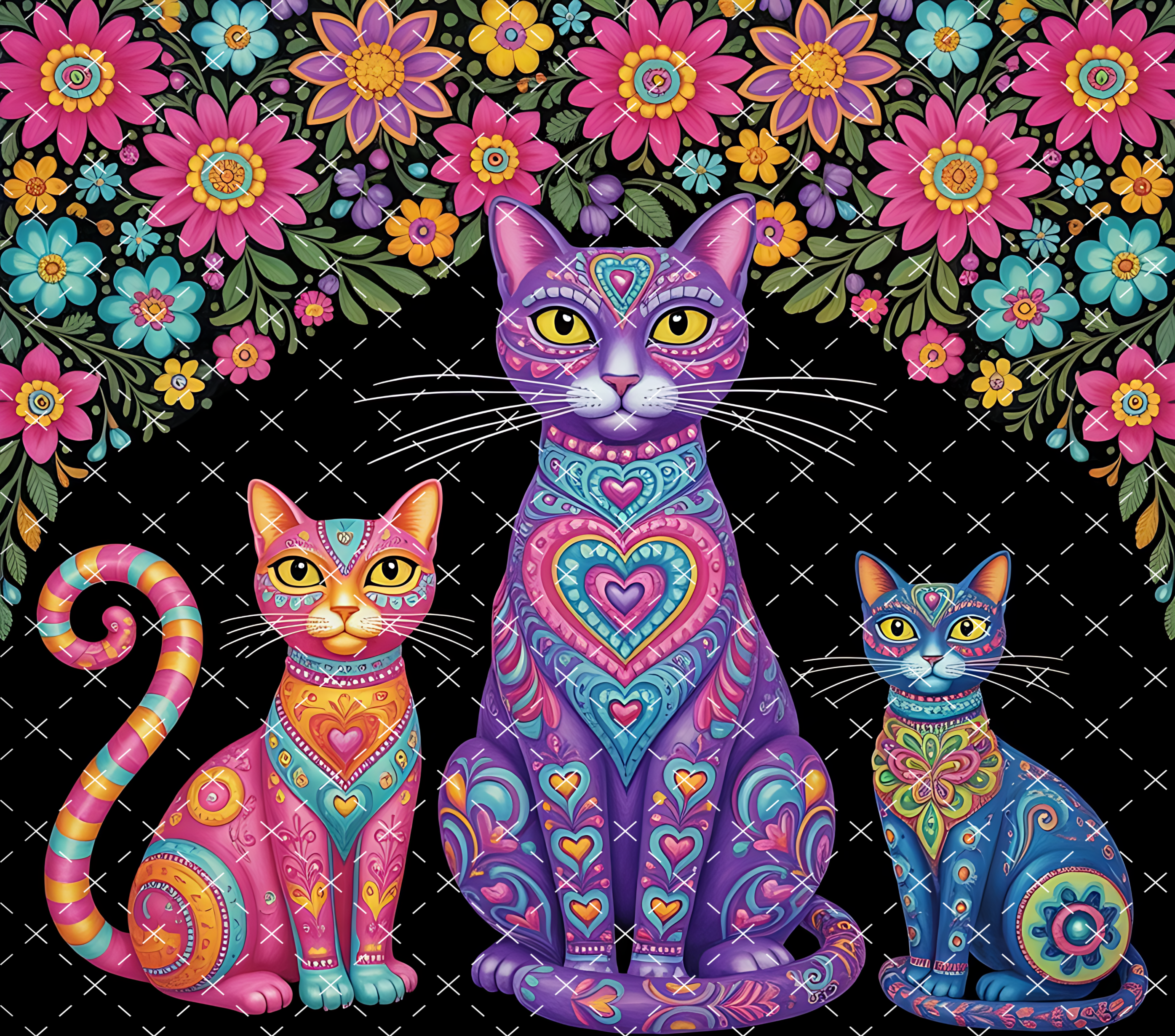 Colorful Cat Tumbler Wrap: Vibrant Floral Pattern Design tumbler wrap 20oz PNG