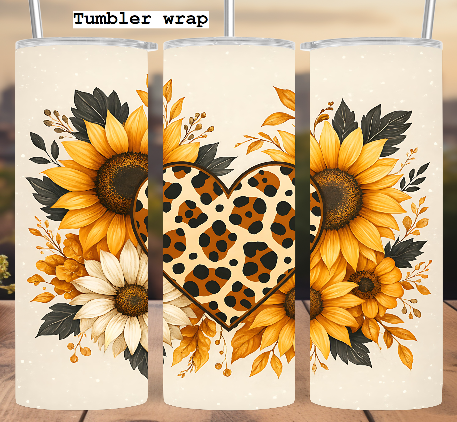 Leopard Heart Tumbler Wrap: Sunflower Floral Boho Design 20oz PNG (Digital Download)