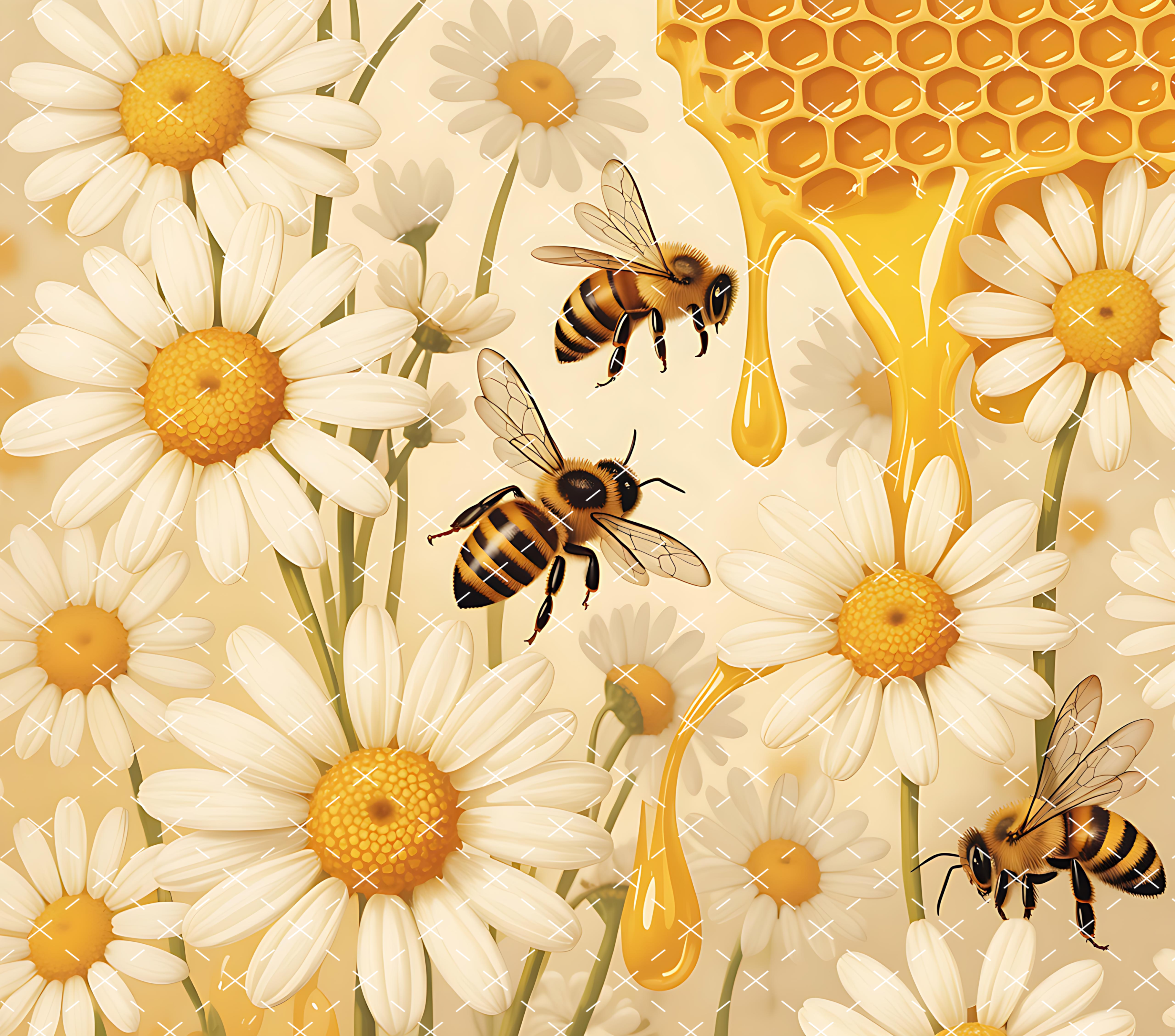 Honey Bee Daisy Floral Tumbler Wrap: Golden Honeycomb Nature Design tumbler wrap 20oz PNG