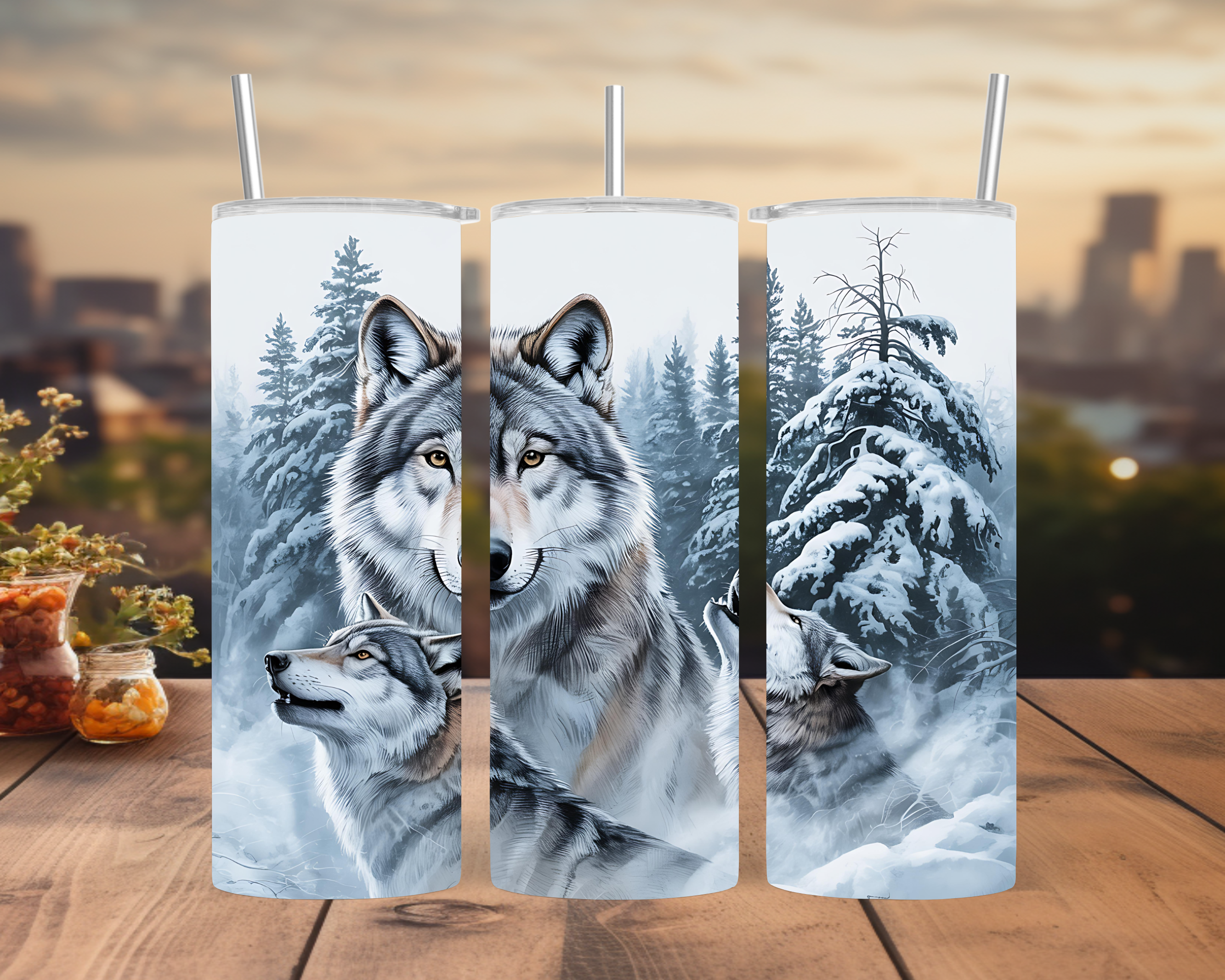 Wolf Pack Tumbler Wrap: Snowy Forest Winter Wildlife Design 20oz PNG (Digital Download)