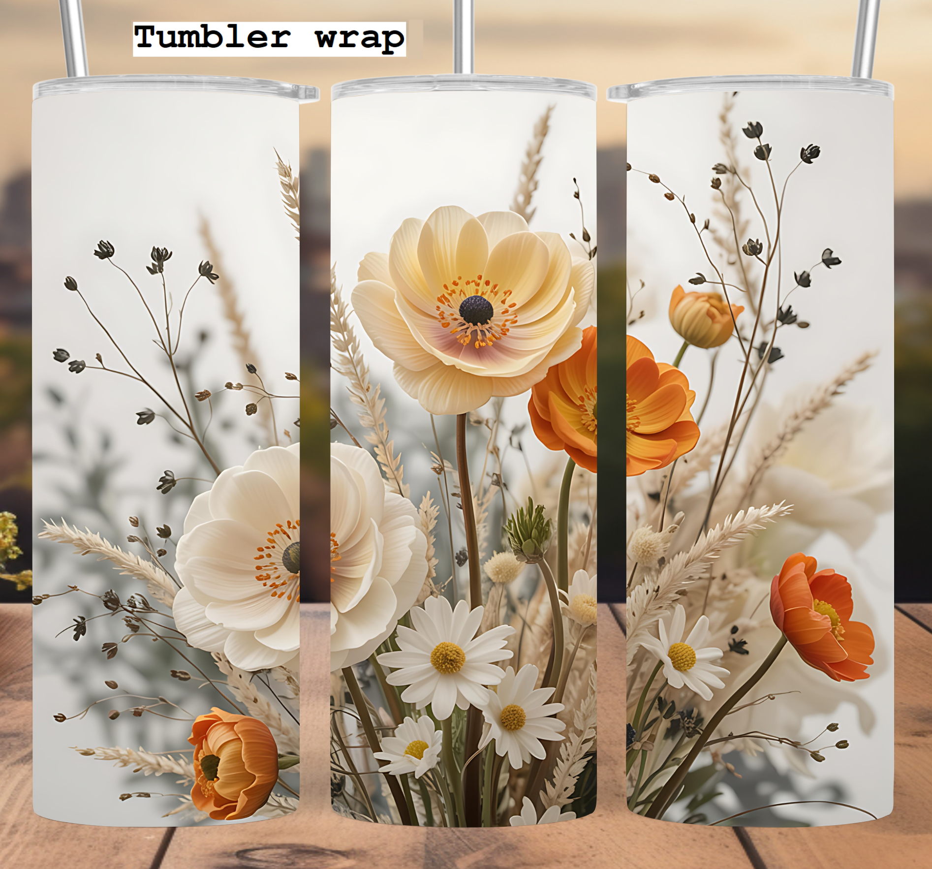 Cream Orange Floral Bouquet tumbler wrap 20oz PNG