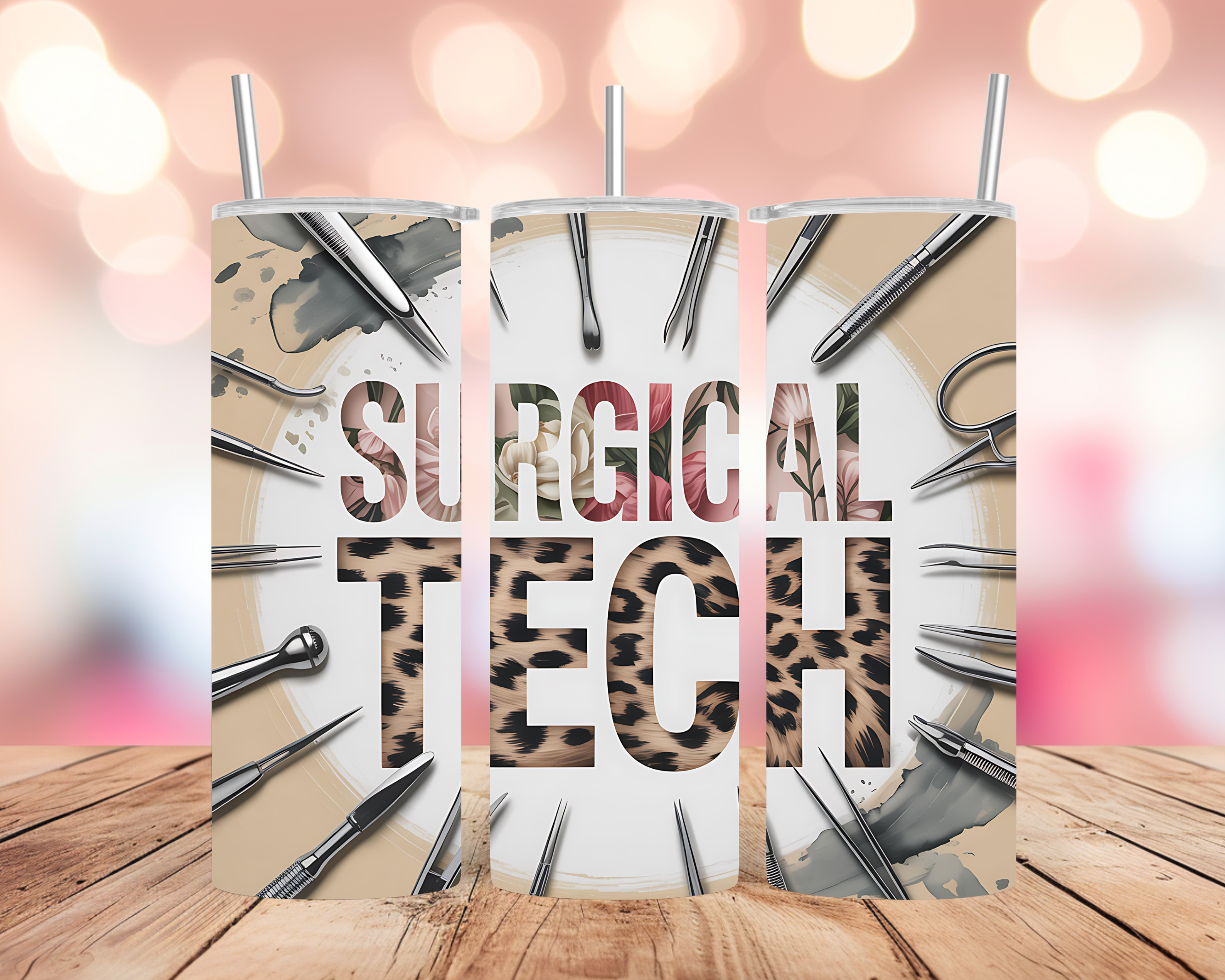 Surgical Tech Tumbler Wrap: Floral Leopard Medical Design 20oz PNG (Digital Download)