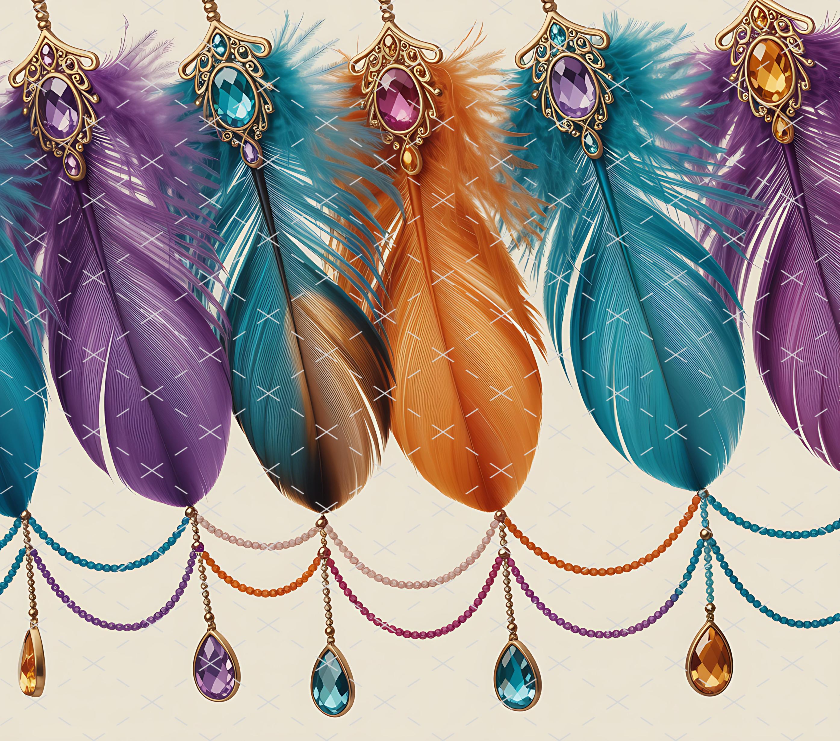 Boho Jeweled Colorful Feathers tumbler wrap 20oz PNG