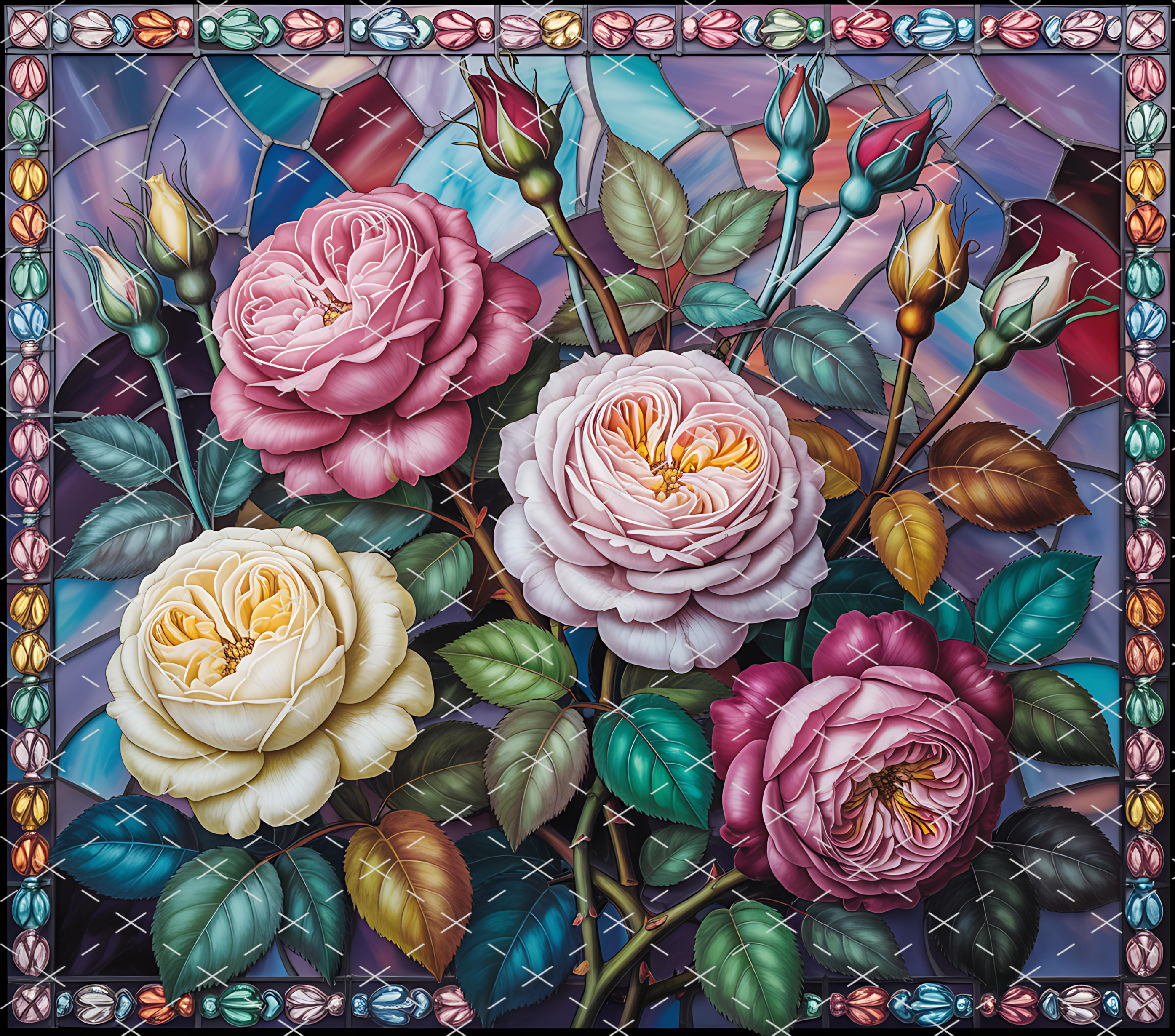 Stained Glass Roses Floral tumbler wrap 20oz PNG