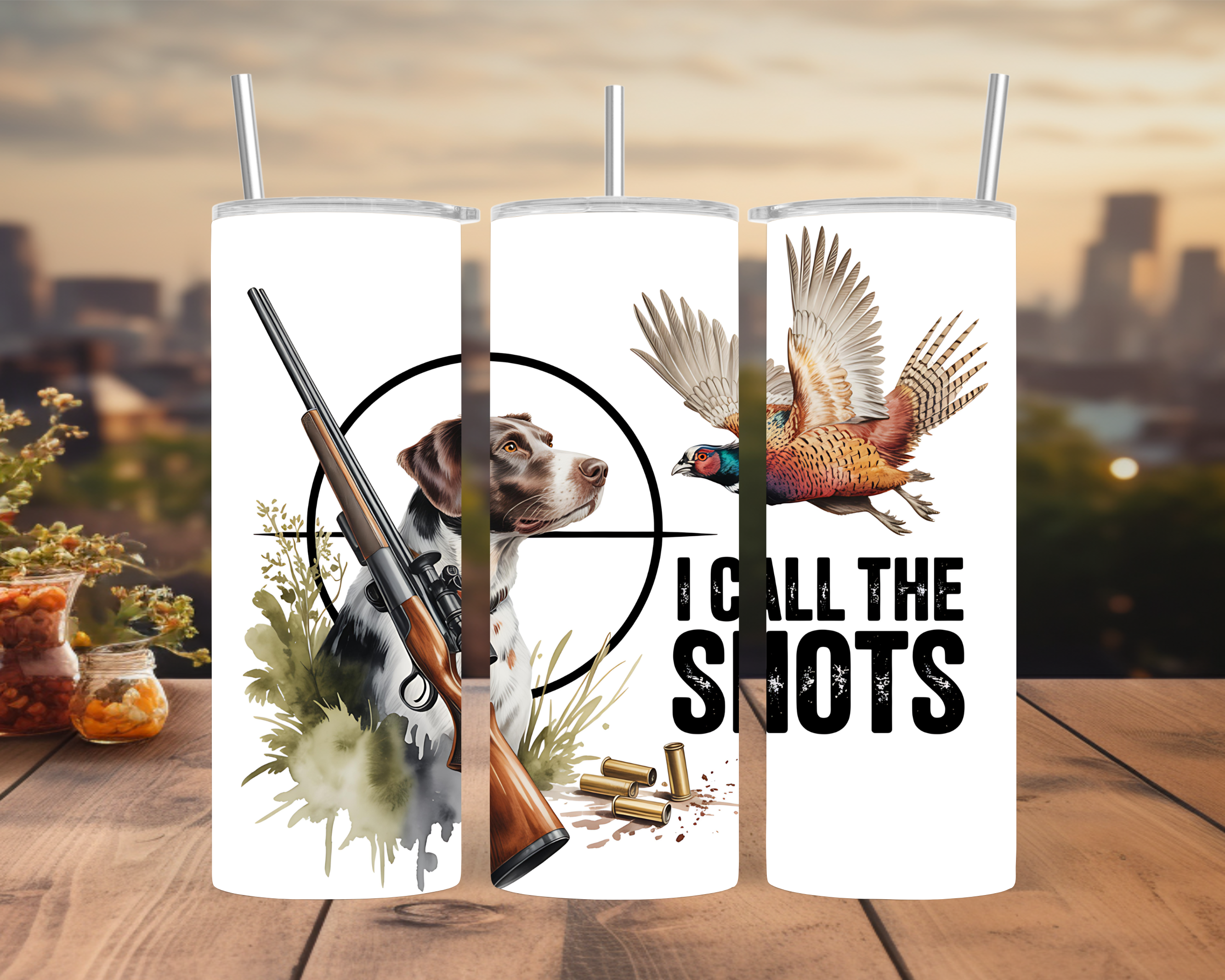 Hunting Dog Pheasant Tumbler Wrap 20oz: Shotgun Shells Crosshair Outdoor Hunting Design PNG