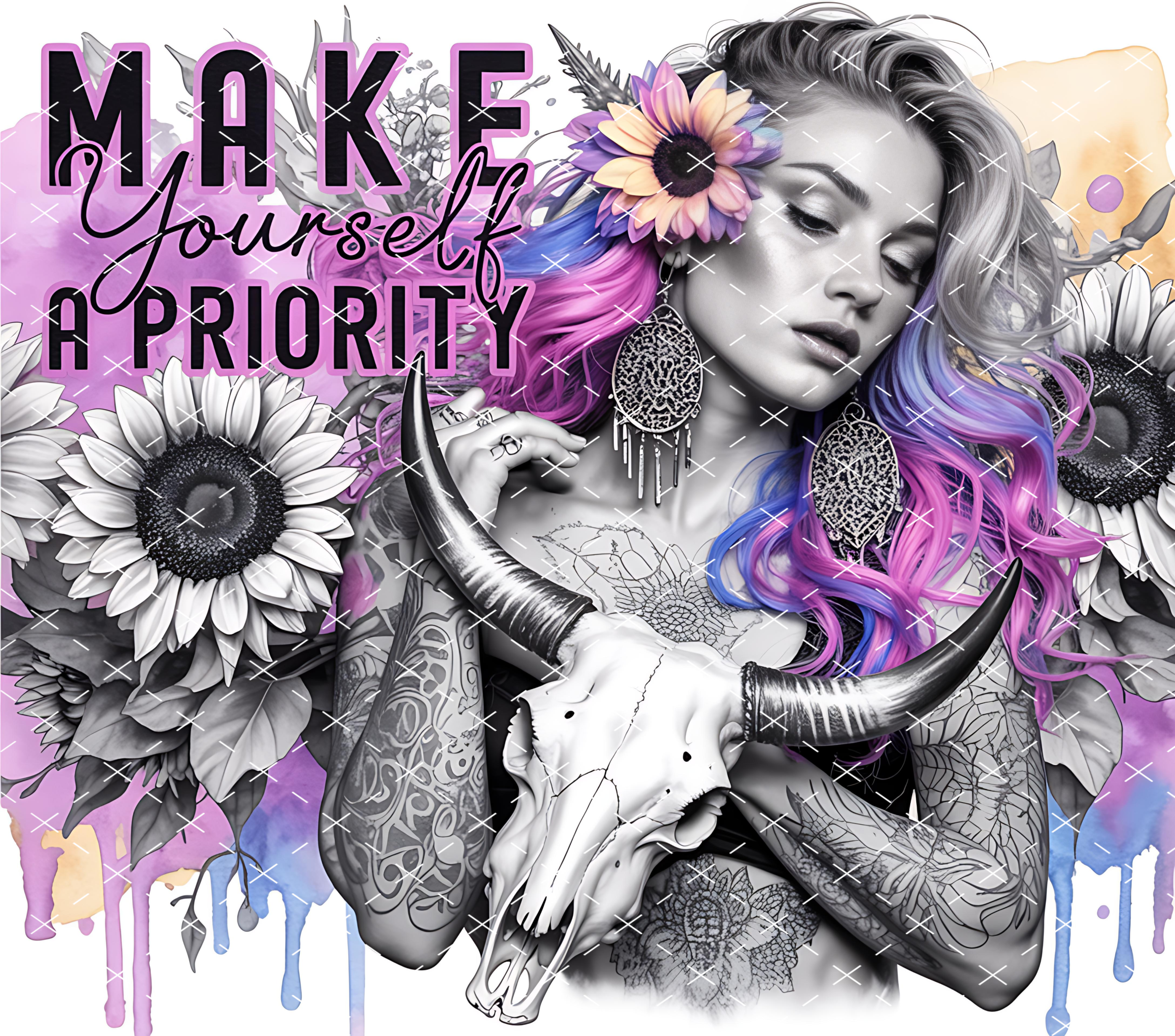 Make Yourself a Priority: Boho Tattoo Woman with Sunflowers and Skull Art tumbler wrap 20oz PNG