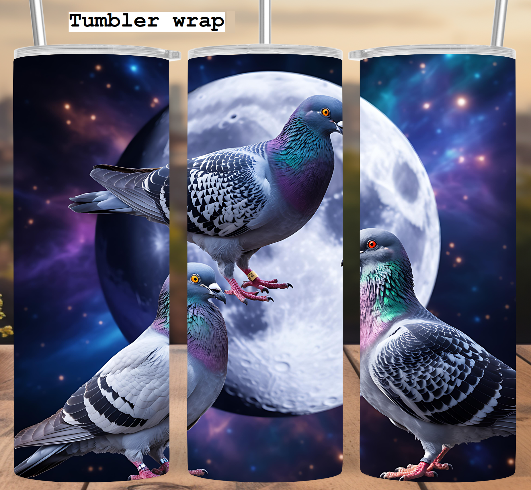 Cosmic Moon Pigeons Art tumbler wrap 20oz PNG