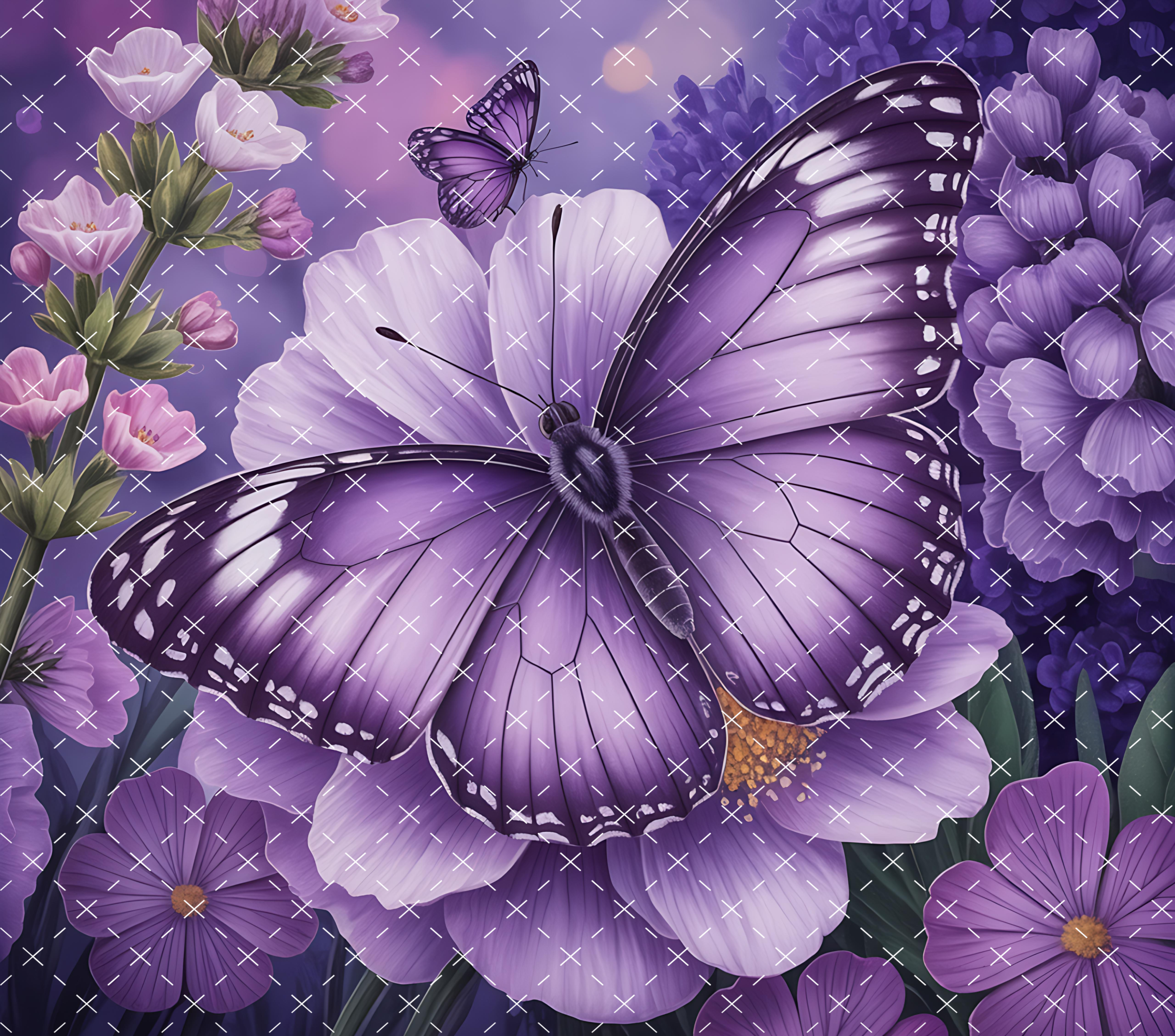 Purple Butterfly Tumbler Wrap: Floral Garden Design with Lavender Blooms 20oz PNG (Digital Download)