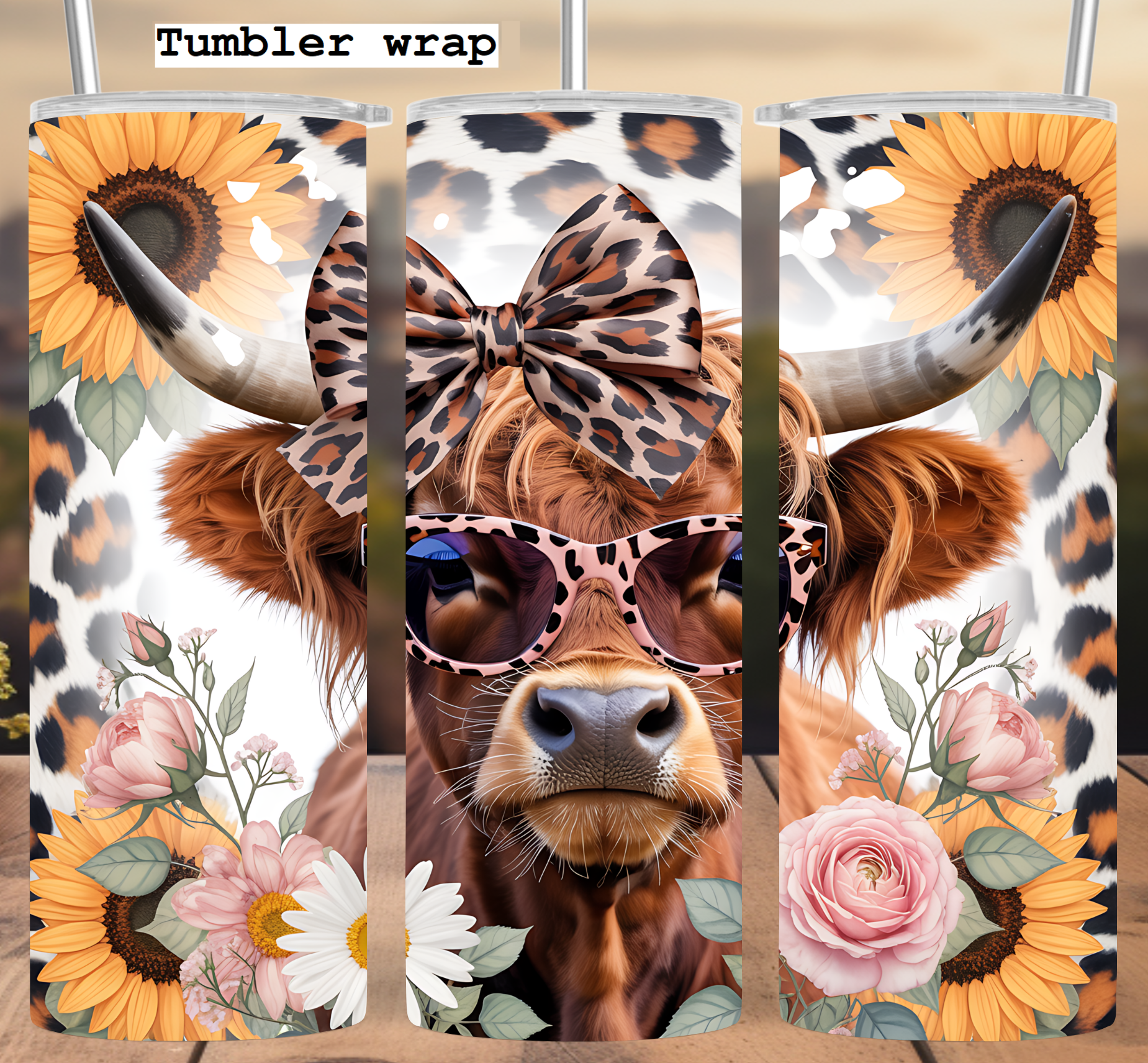 Leopard Print Highland Cow: Floral Country Chic Design tumbler wrap 20oz PNG