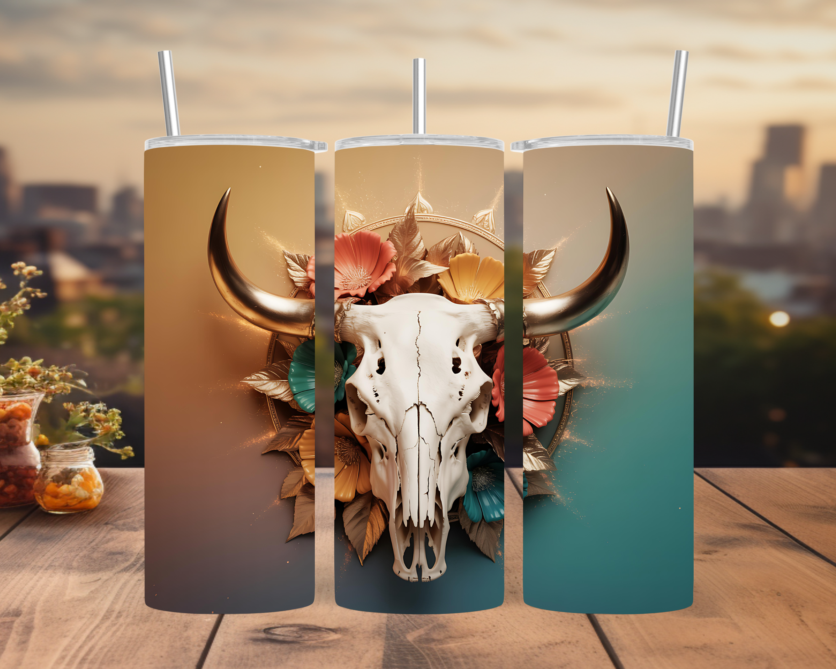 Boho Bull Skull Floral Tumbler Wrap: Western Cow Skull with Gold Horns and Colorful Flowers 20oz PNG (Digital Download)