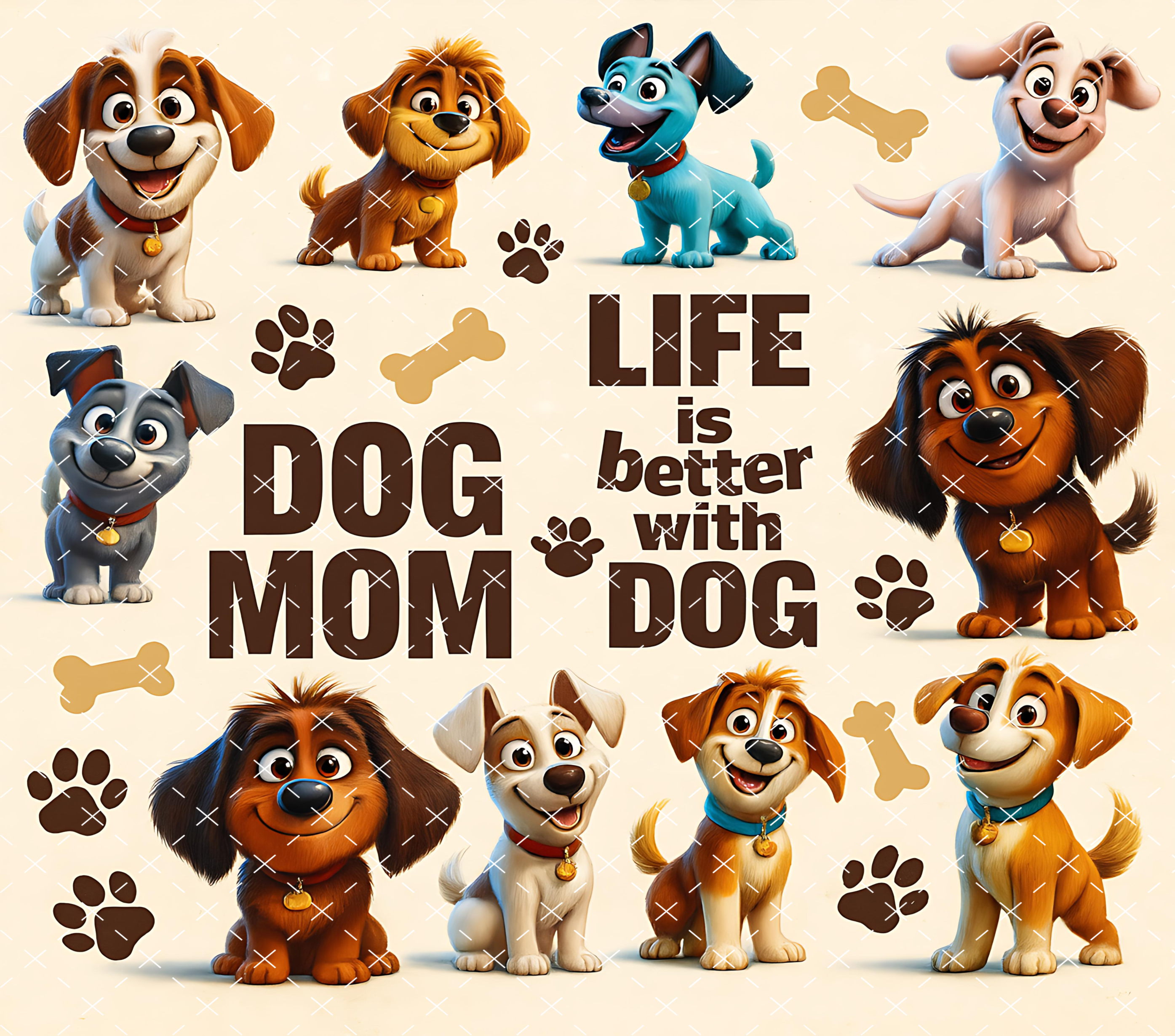 Dog Mom Tumbler Wrap: Cute Cartoon Puppy Design 20oz PNG Digital Download