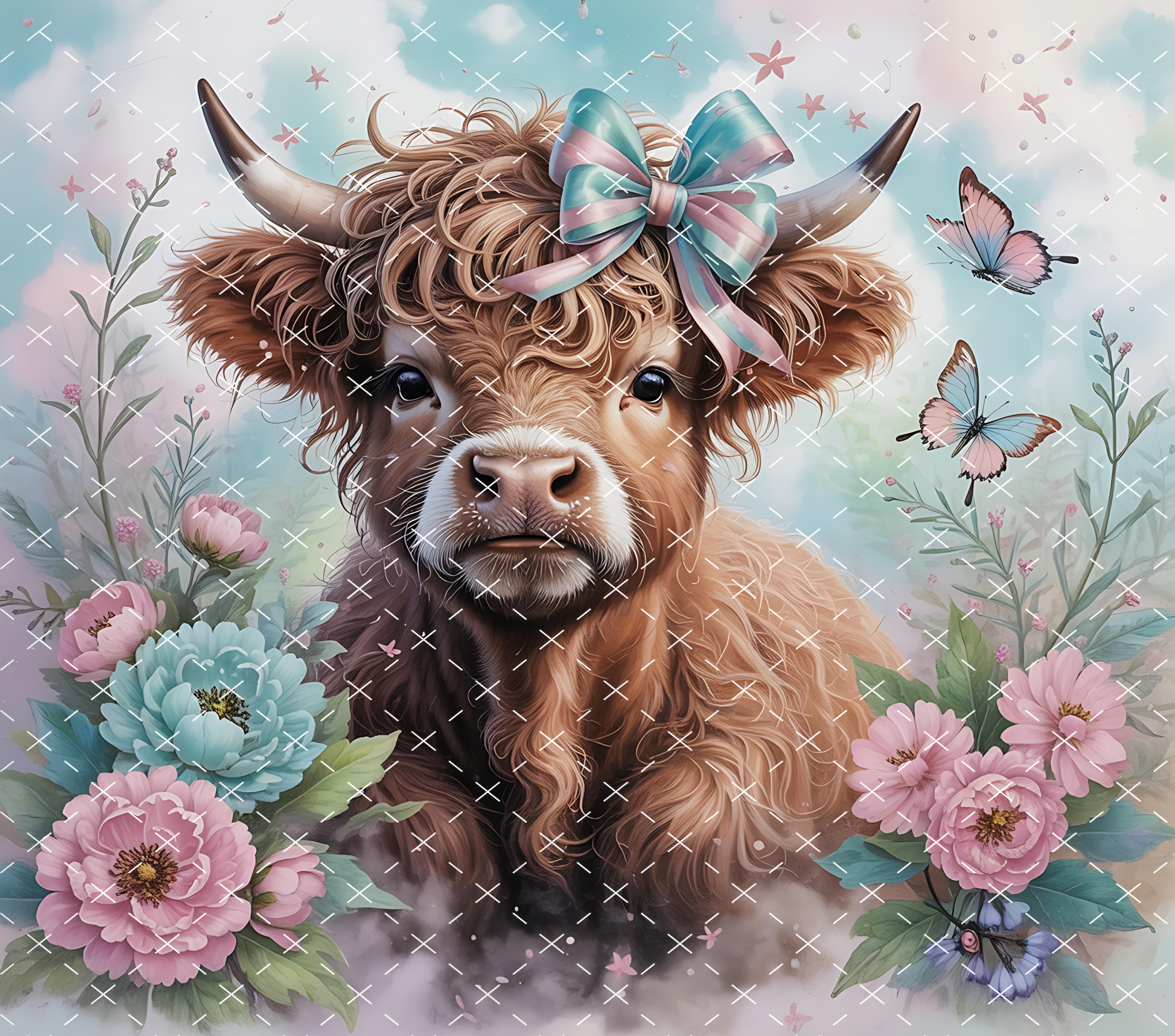 Highland Cow Tumbler Wrap: Pastel Floral Bow Design with Butterflies tumbler wrap 20oz PNG