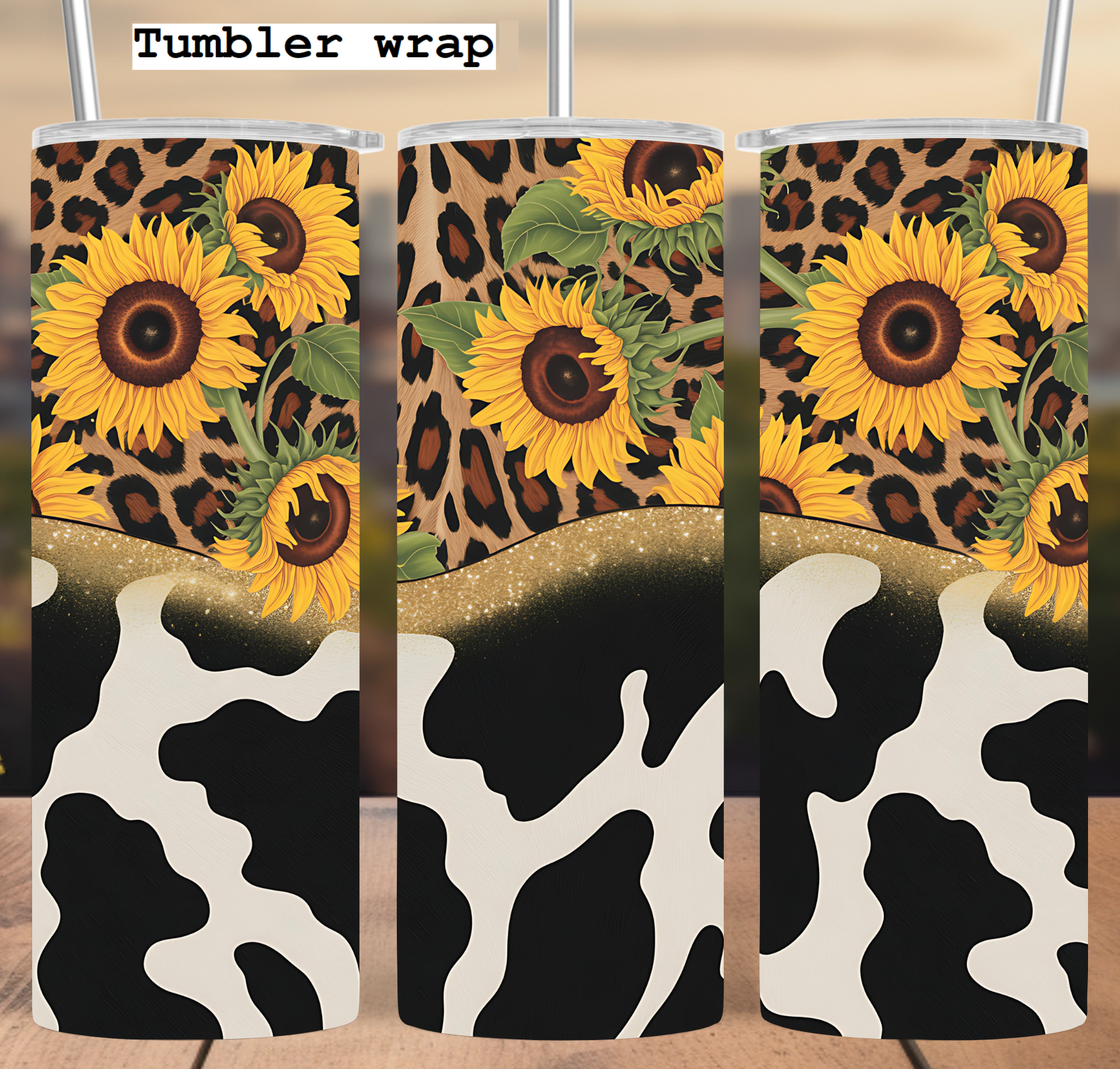 Sunflower Leopard Cow Glitter Pattern tumbler wrap 20oz PNG