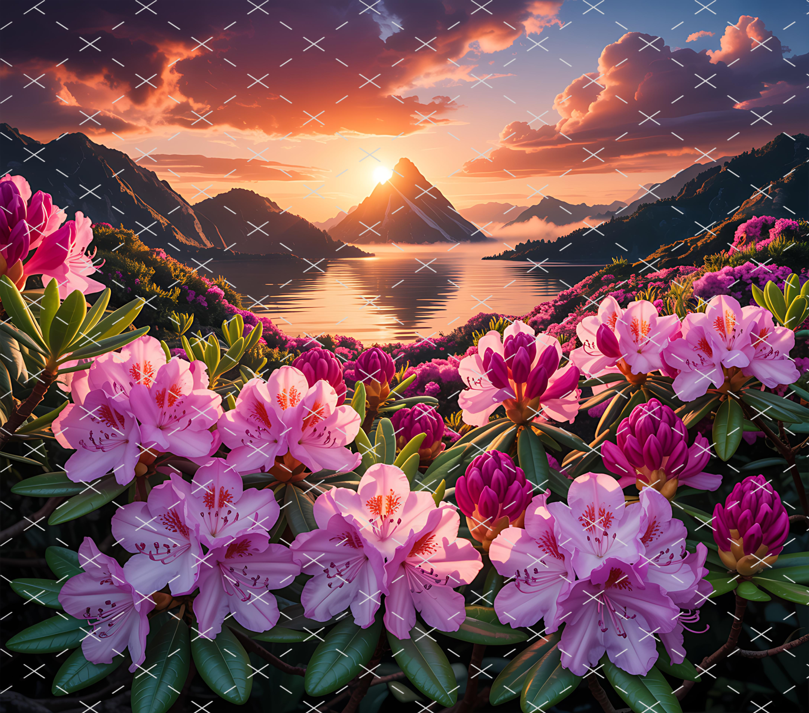 Sunset Mountain Flowers Landscape tumbler wrap 20oz PNG