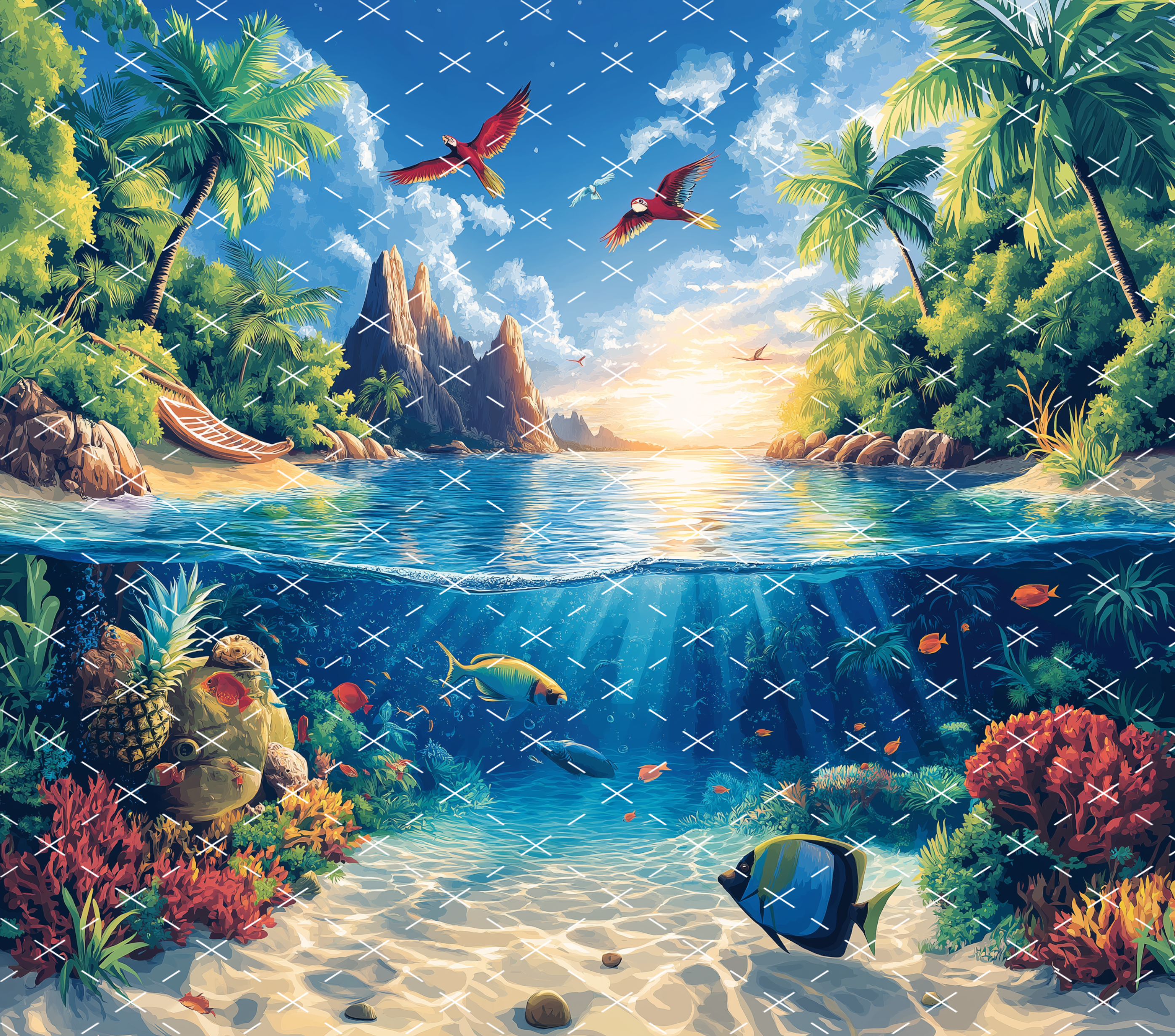 Tropical Beach Paradise: Ocean Sunset Coral Reef Design tumbler wrap 20oz PNG