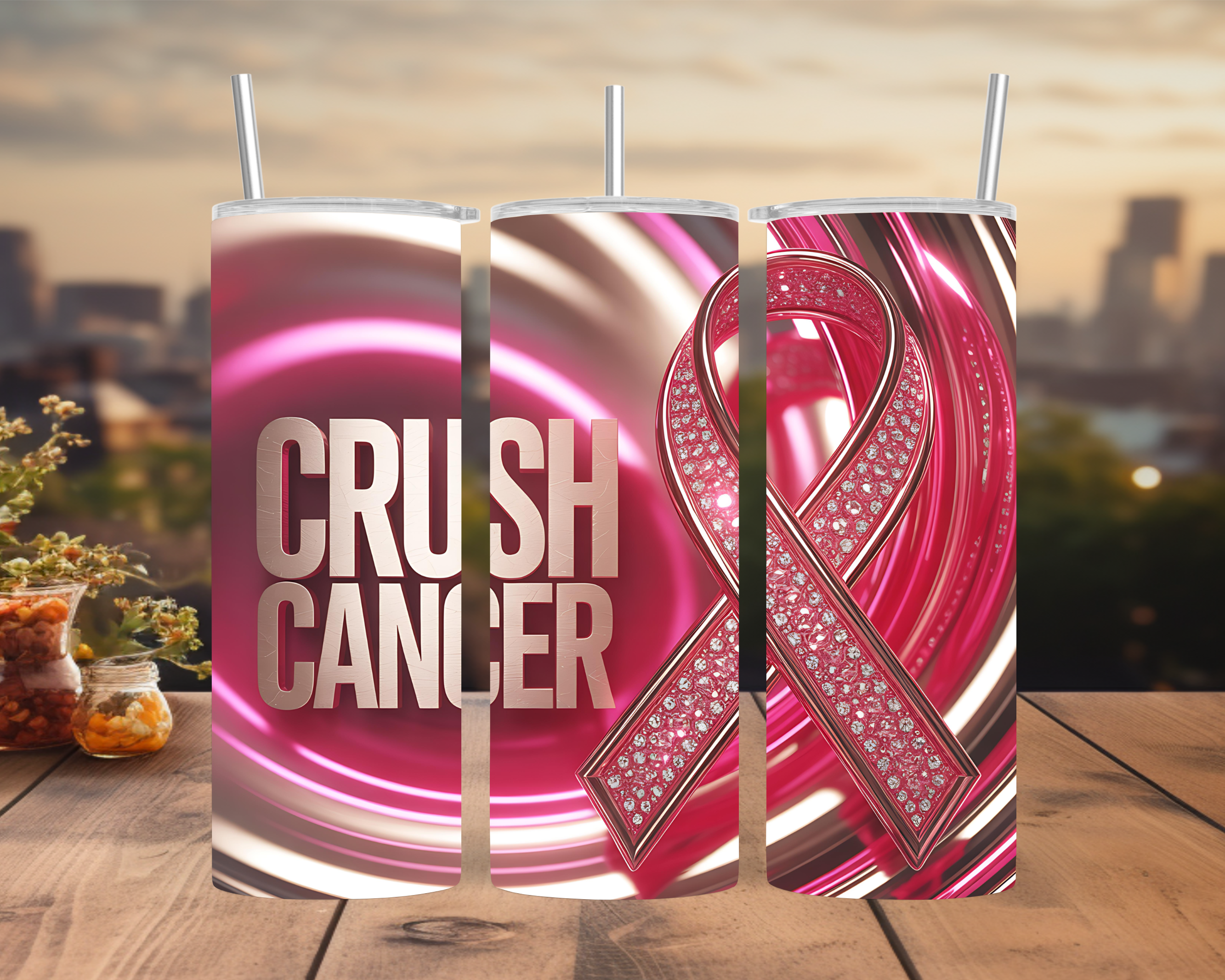 Awareness Ribbon Tumbler Wrap — Pink Crush Cancer Design Wrap 20oz PNG