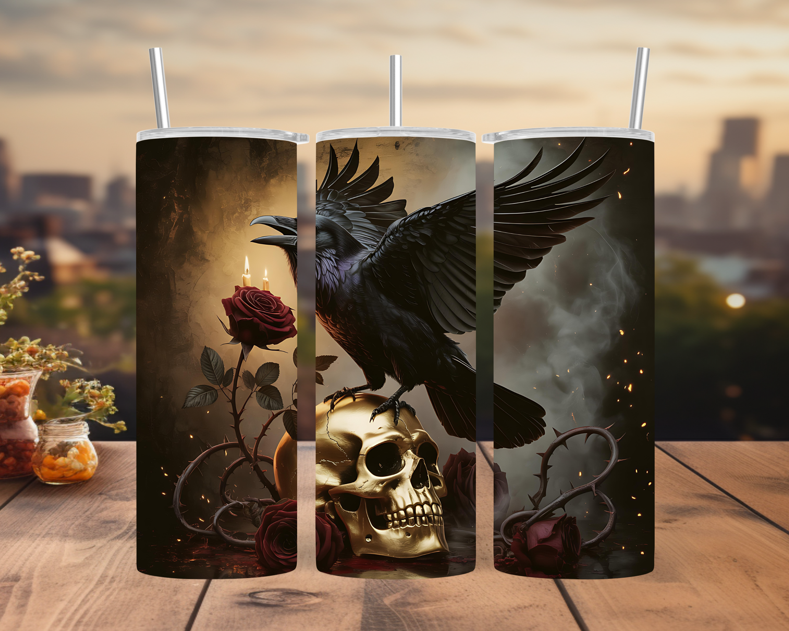 Raven Skull Tumbler Wrap: Gothic Roses and Candlelight 20oz PNG (Digital Download)