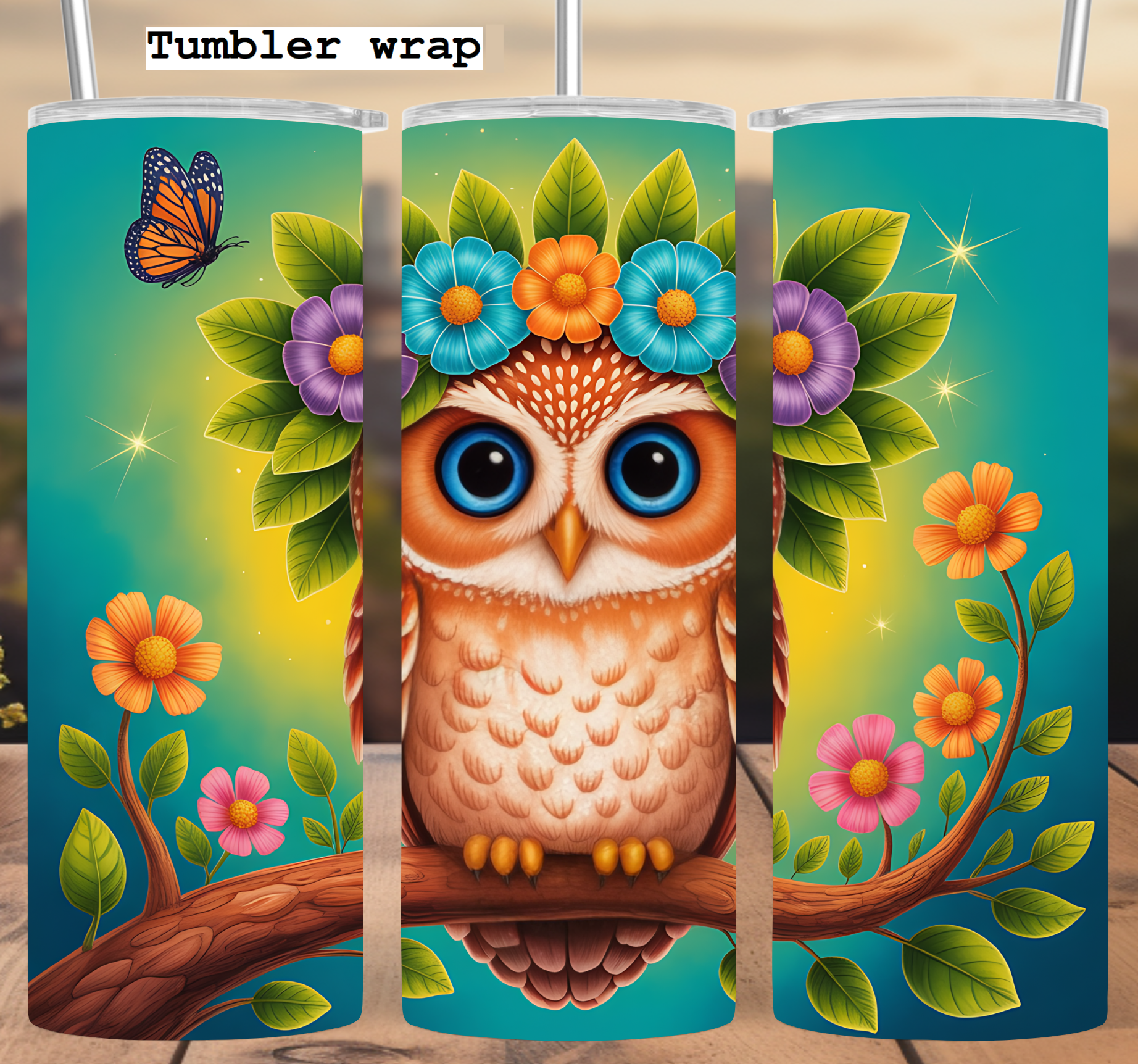 Owl Floral Crown Tumbler Wrap 20oz PNG: Adorable Woodland Design with Bright Blooms