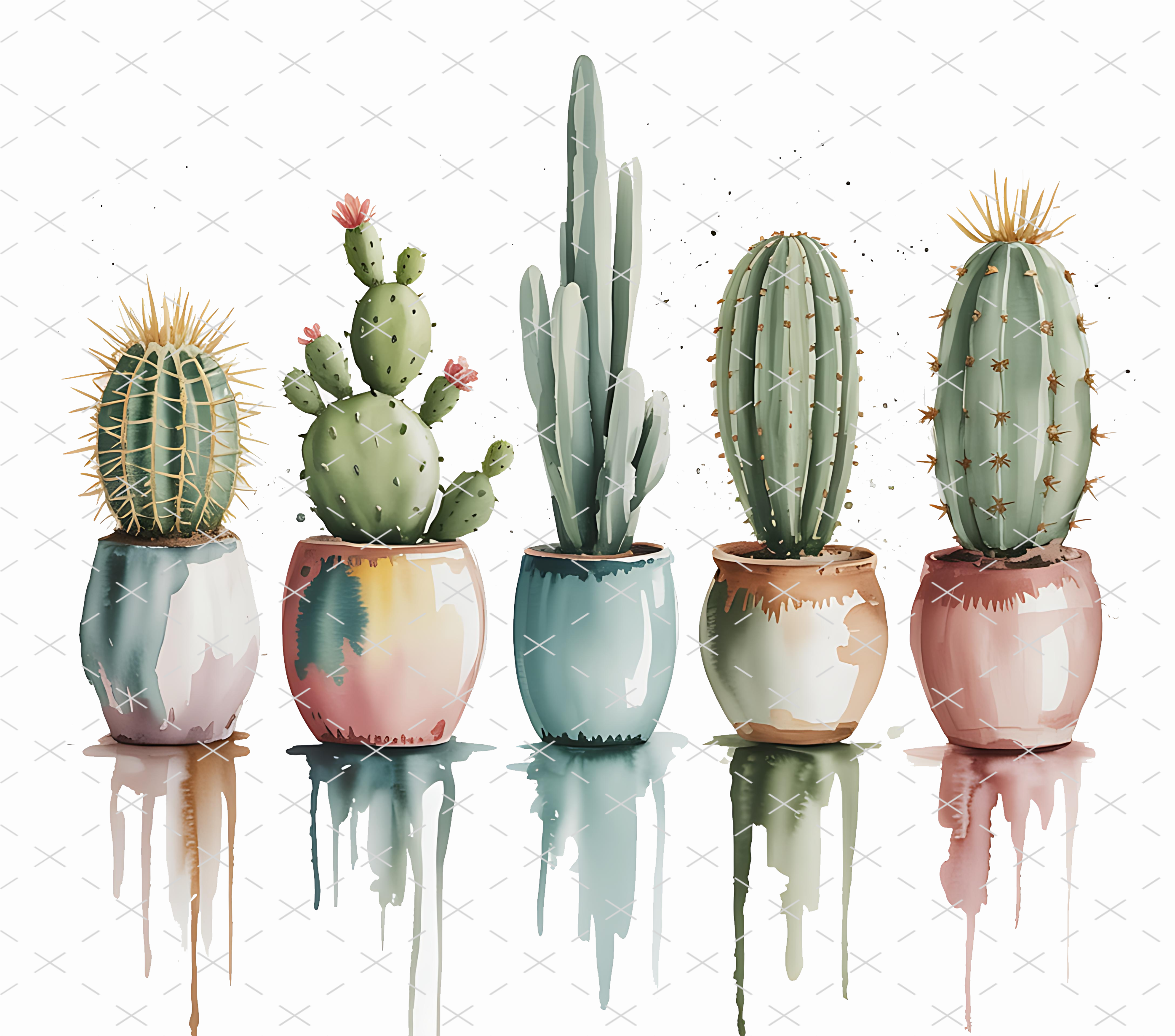 Watercolor Cactus Pots tumbler wrap 20oz PNG