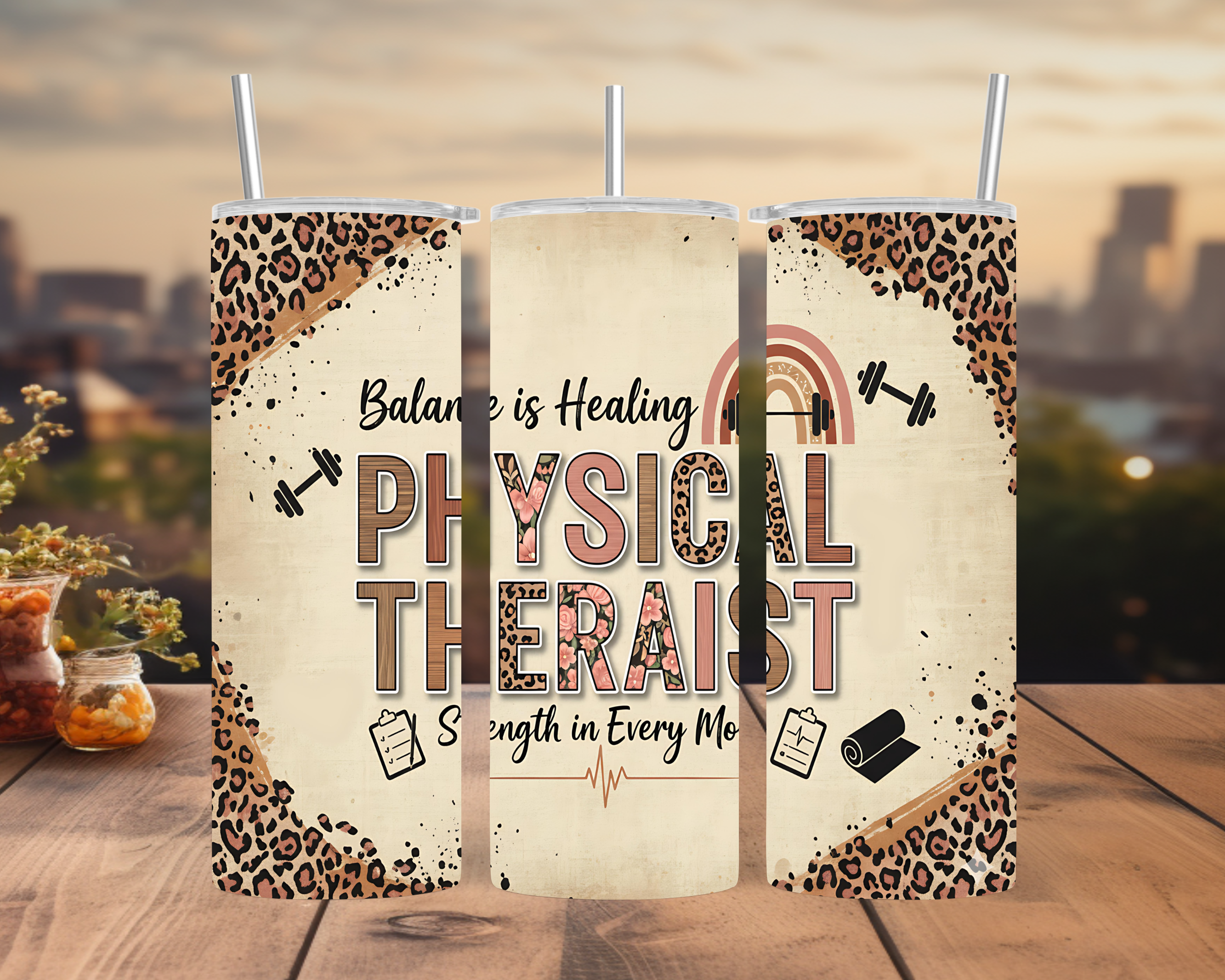 Therapy Motivation Tumbler Wrap 20oz: Leopard Print Floral Fitness Design PNG