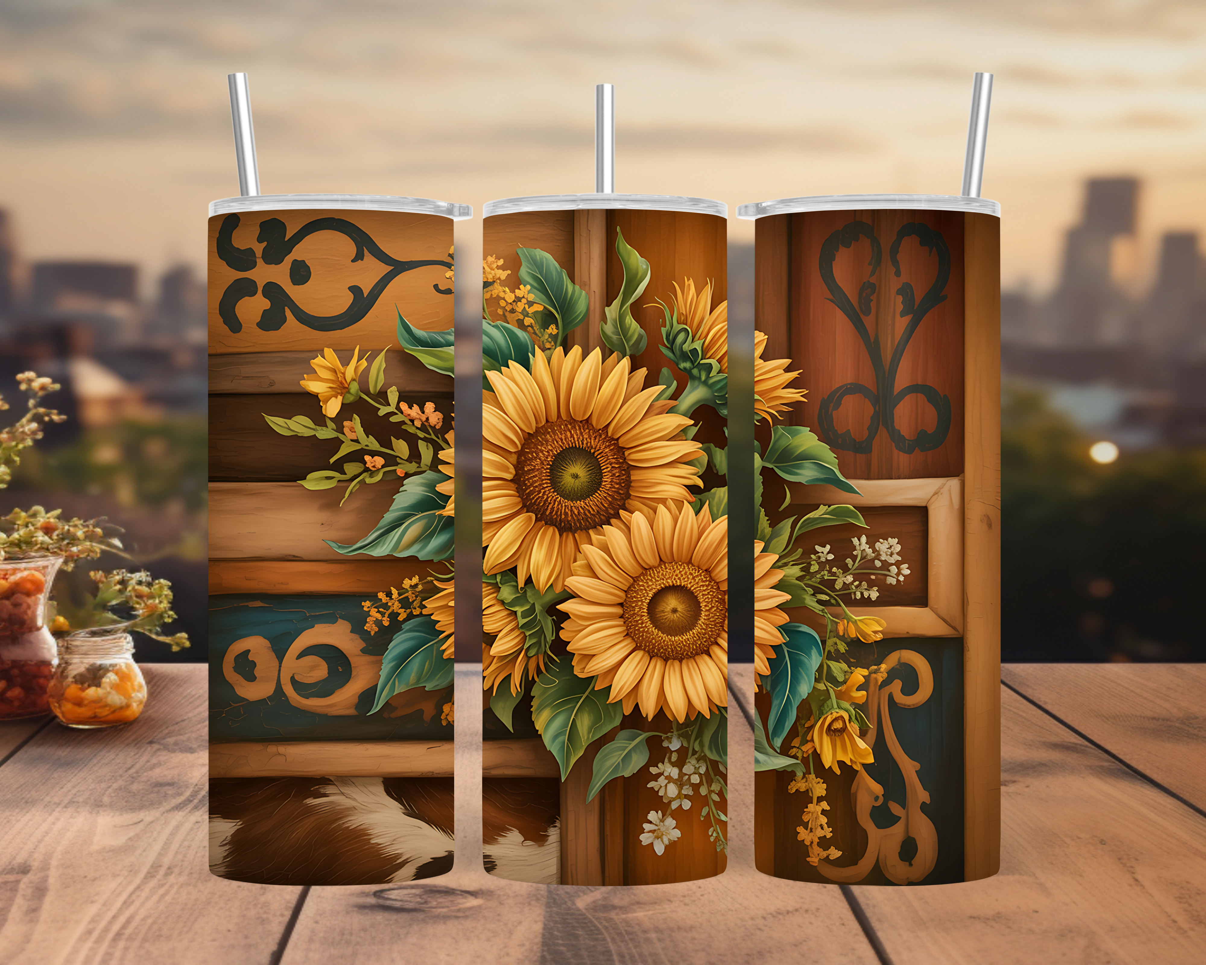 Sunflower Rustic Tumbler Wrap 20oz: Floral Country Wood Design (PNG)
