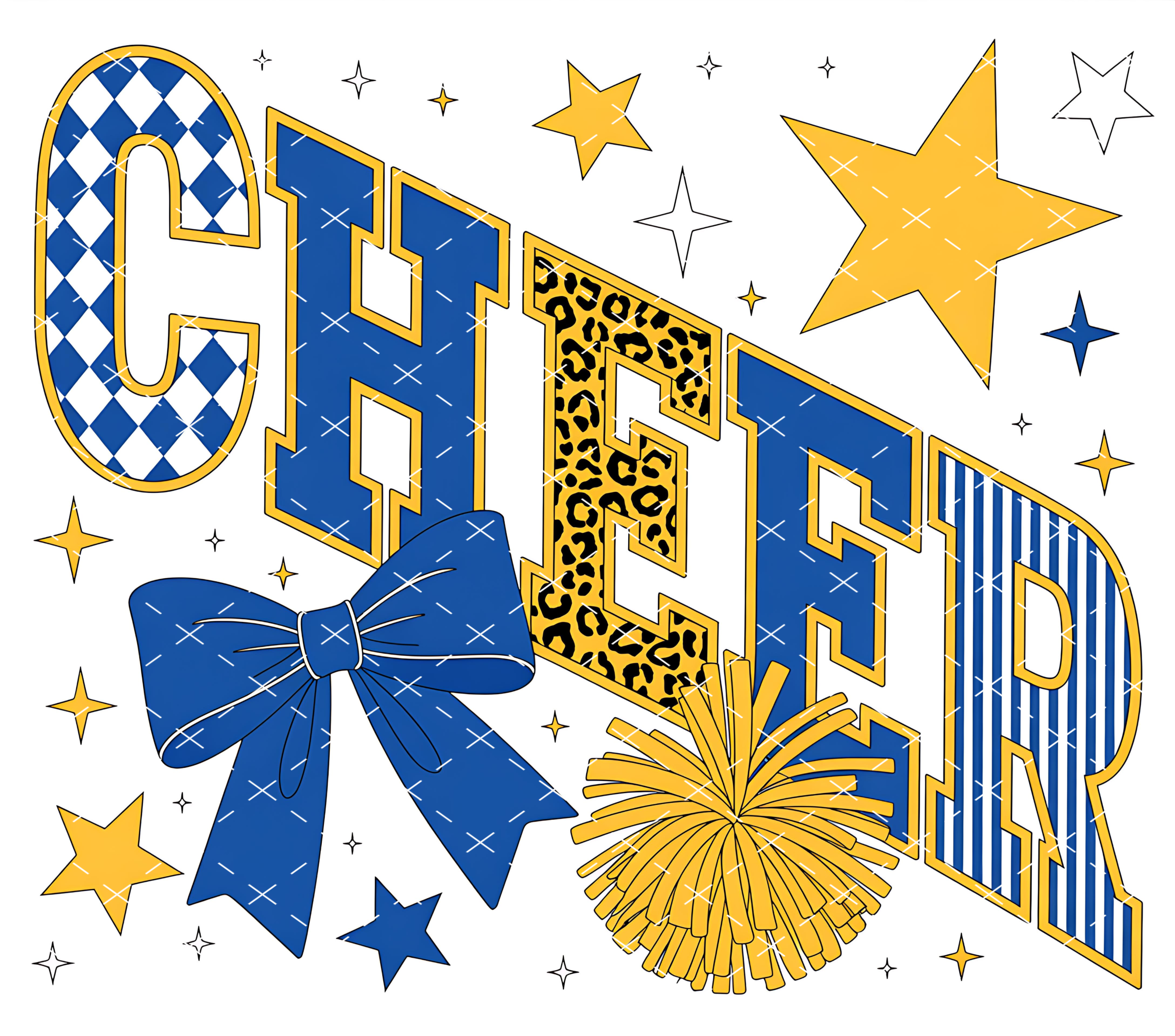 Blue Gold Cheer Bow Star: Leopard and Stripe School Spirit Design tumbler wrap 20oz PNG