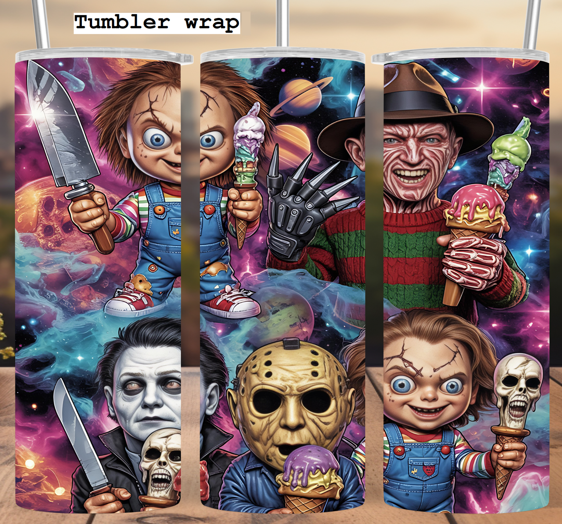 Horror Tumbler Wrap: Ice Cream Galaxy Cartoon 20oz PNG Digital Download