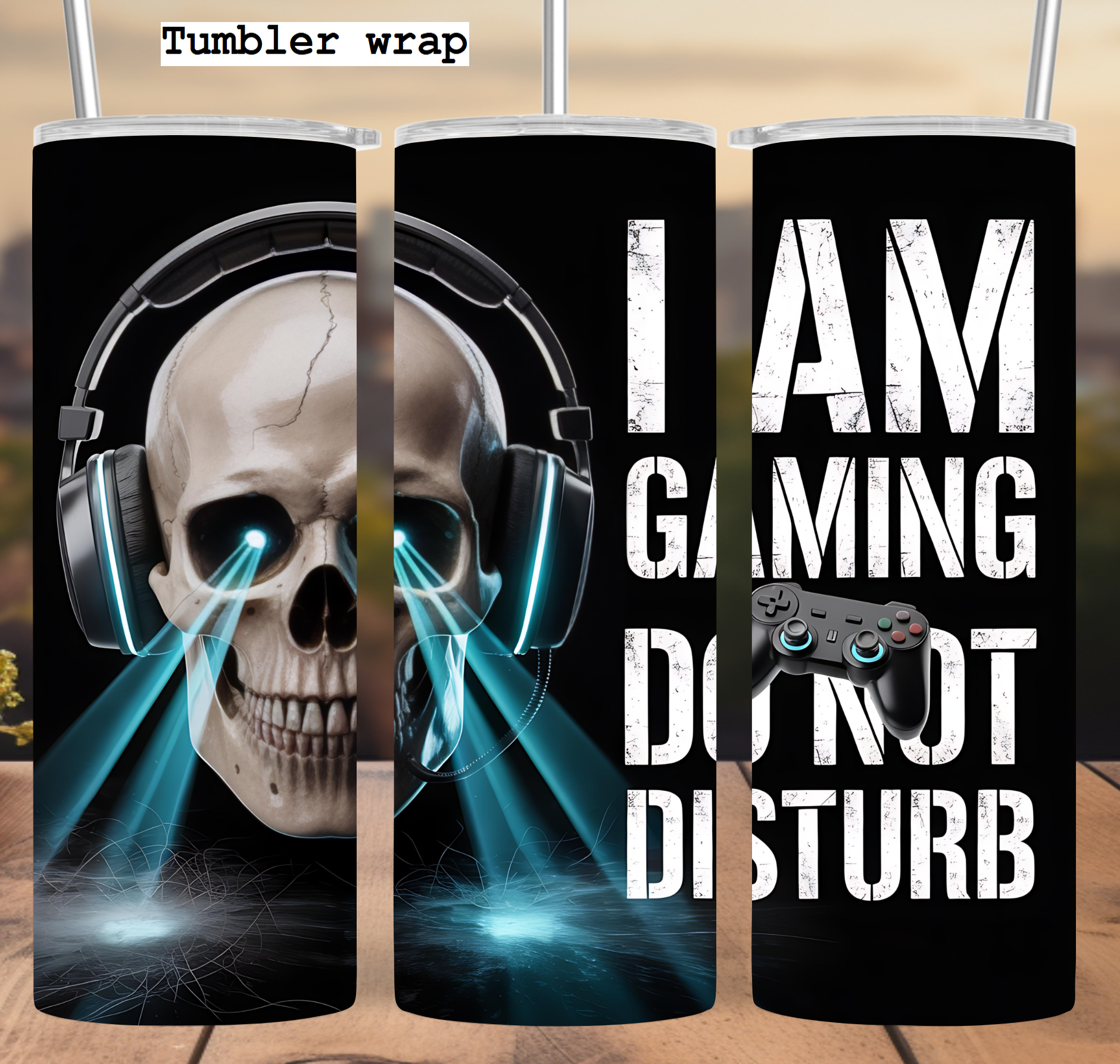 Gaming Skull Tumbler Wrap: I Am Gaming Do Not Disturb Neon Headset Design 20oz PNG (Digital Download)
