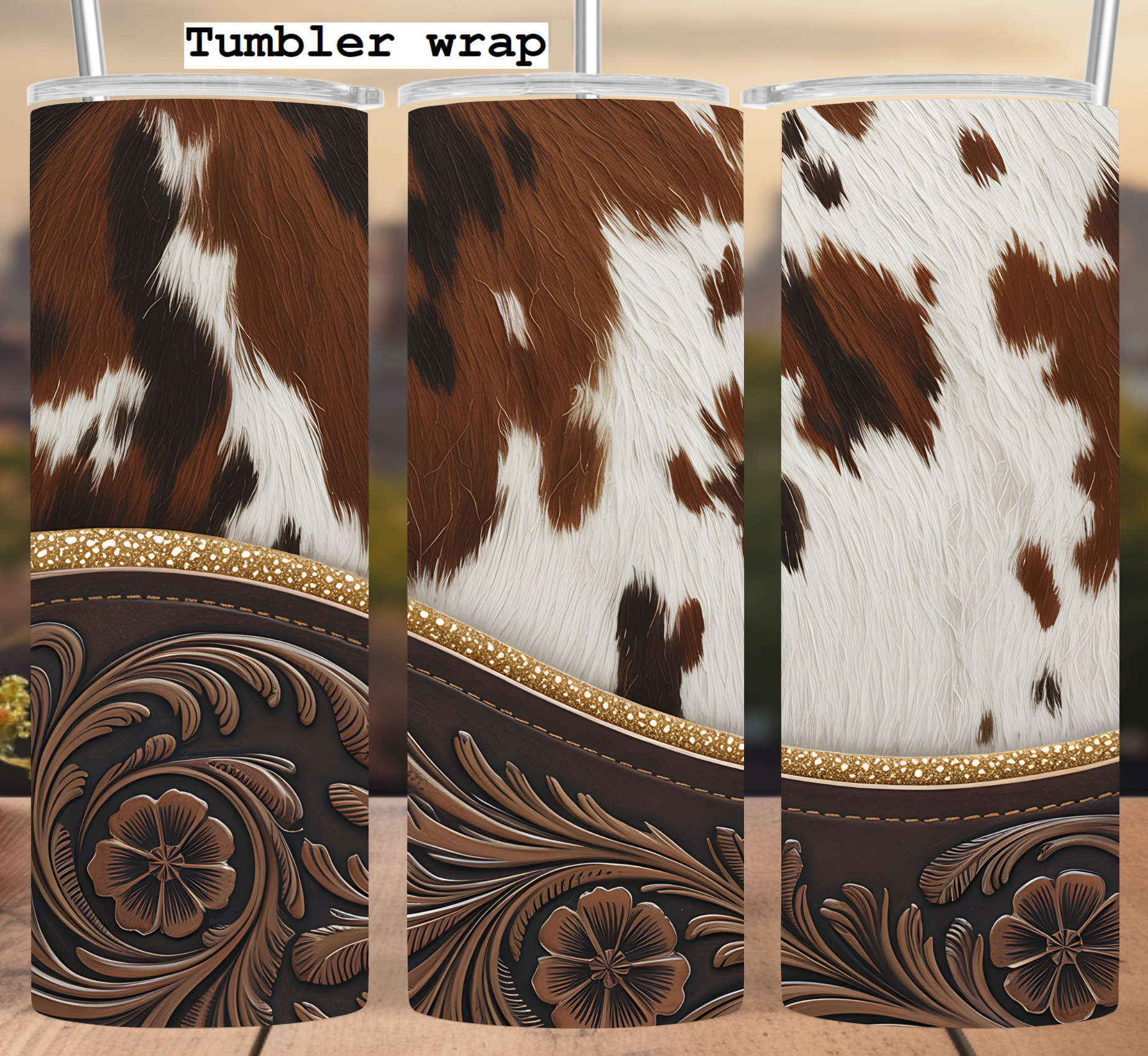 Western Cow Print Leather Floral tumbler wrap 20oz PNG