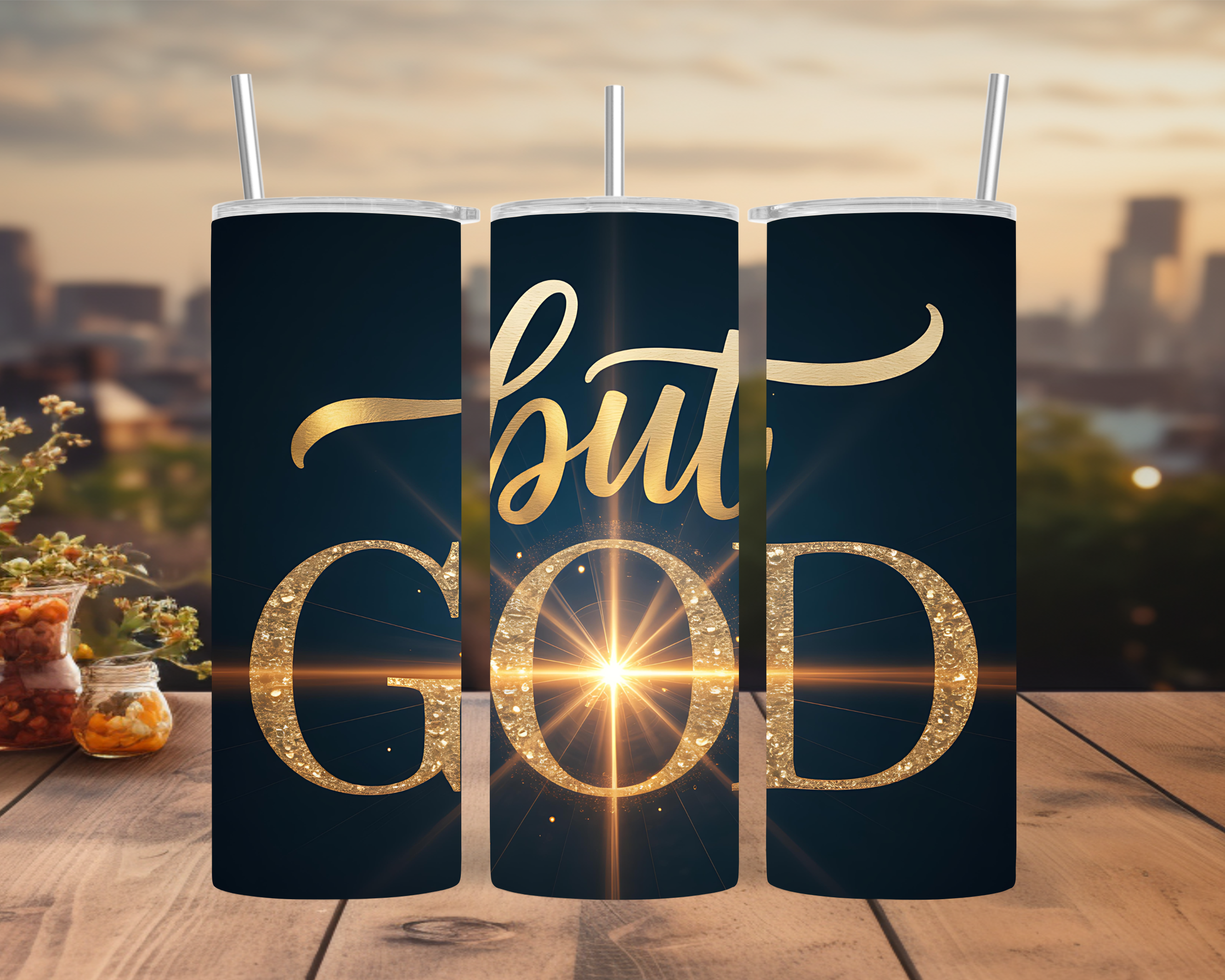 Christian Faith Tumbler Wrap — Gold But God Scripture Design Wrap 20oz PNG
