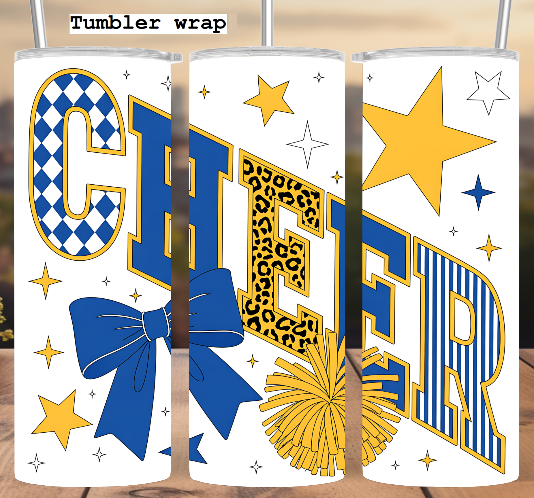 Blue Gold Cheer Bow Star: Leopard and Stripe School Spirit Design tumbler wrap 20oz PNG