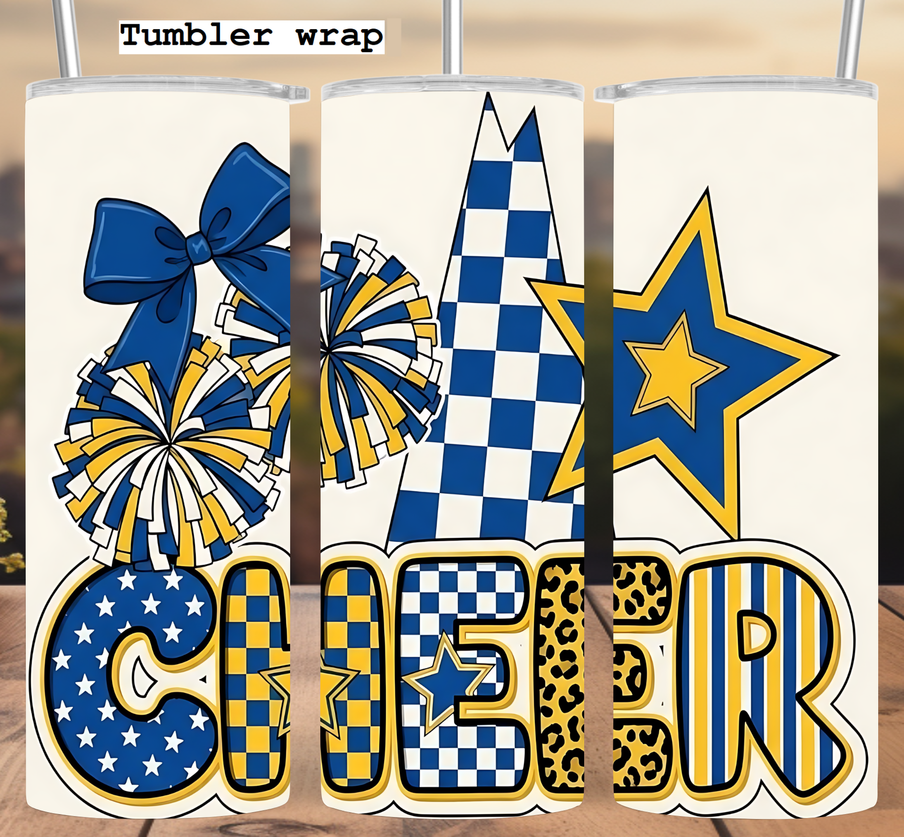 Cheer Bow Pom Pom Star: Blue and Gold School Spirit Design tumbler wrap 20oz PNG