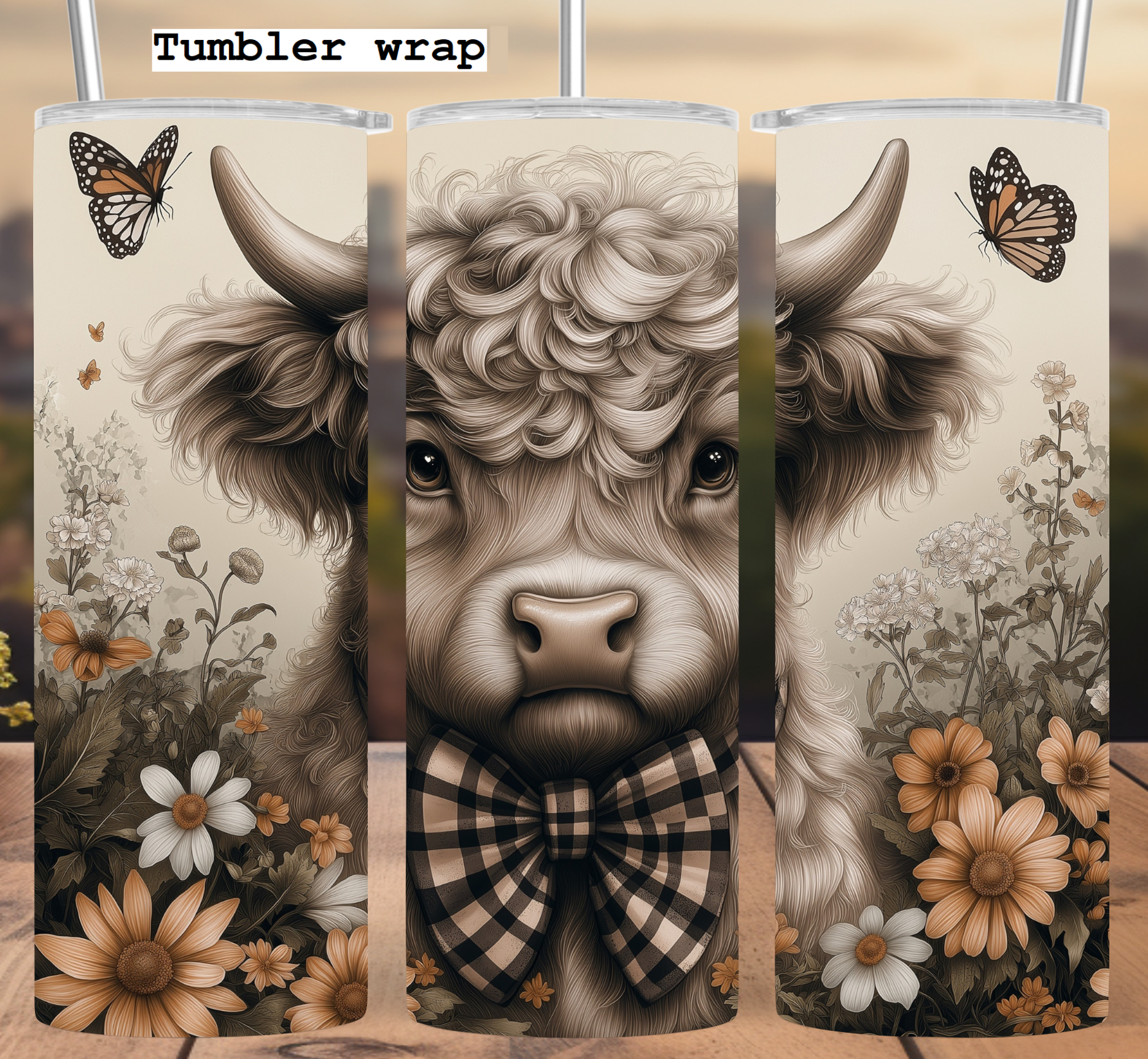 Highland Cow Tumbler Wrap: Rustic Plaid Bow Floral Design 20oz PNG (Digital Download)