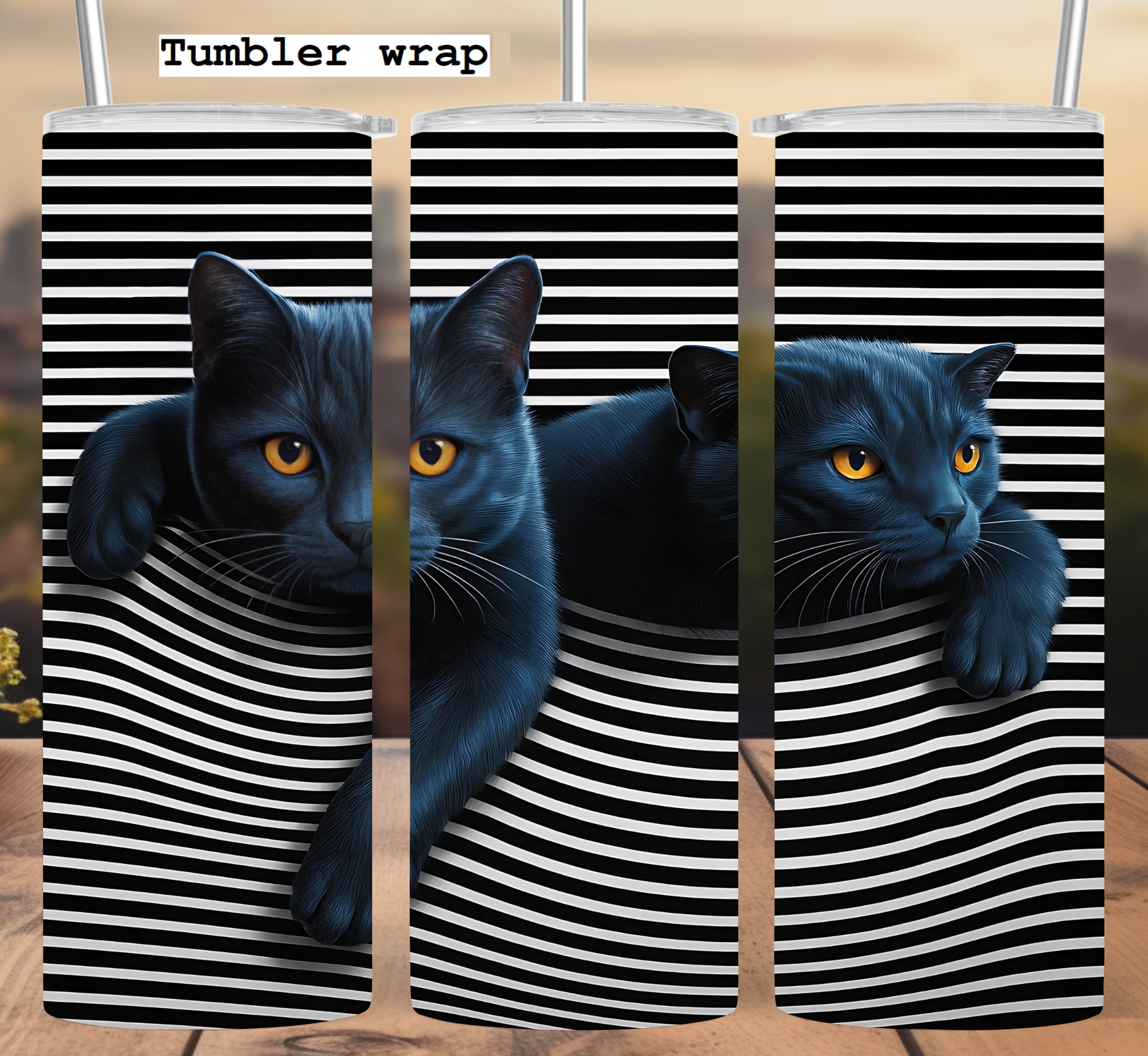 Cat Tumbler Wrap: Black Cats Striped Illusion 20oz PNG Digital Download