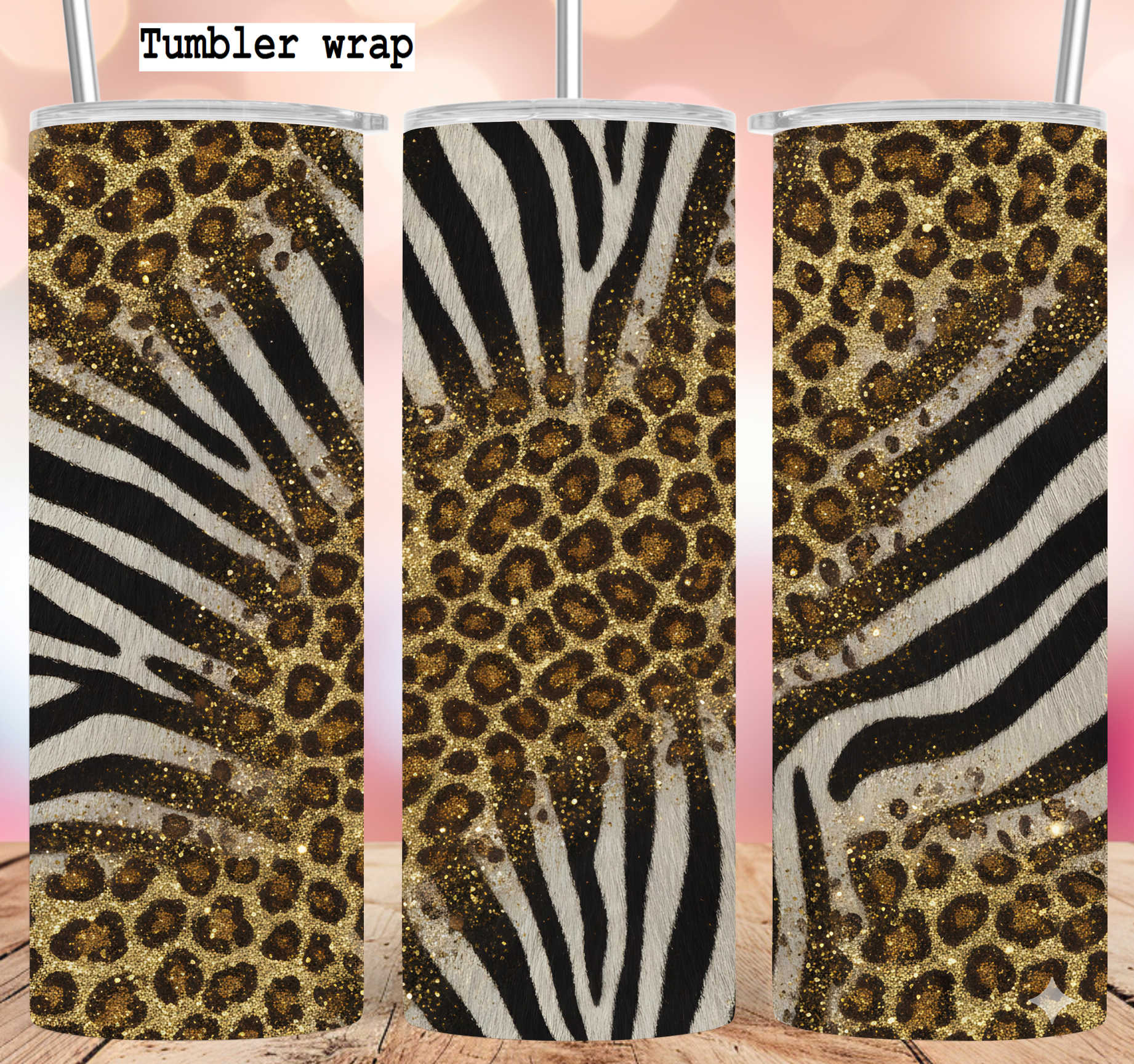 Gold Glitter Leopard Zebra Mix tumbler wrap 20oz PNG