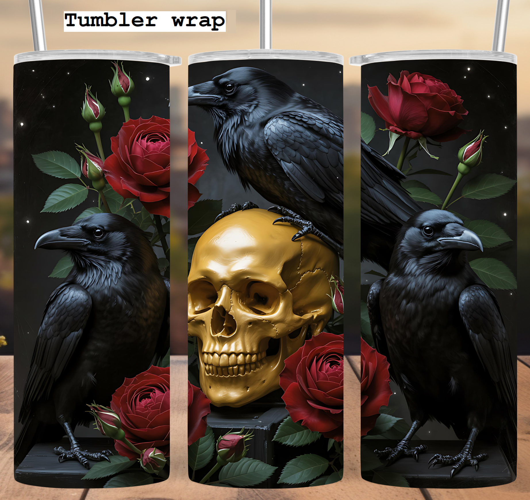 Raven Skull Roses Gothic Art tumbler wrap 20oz PNG  Description: