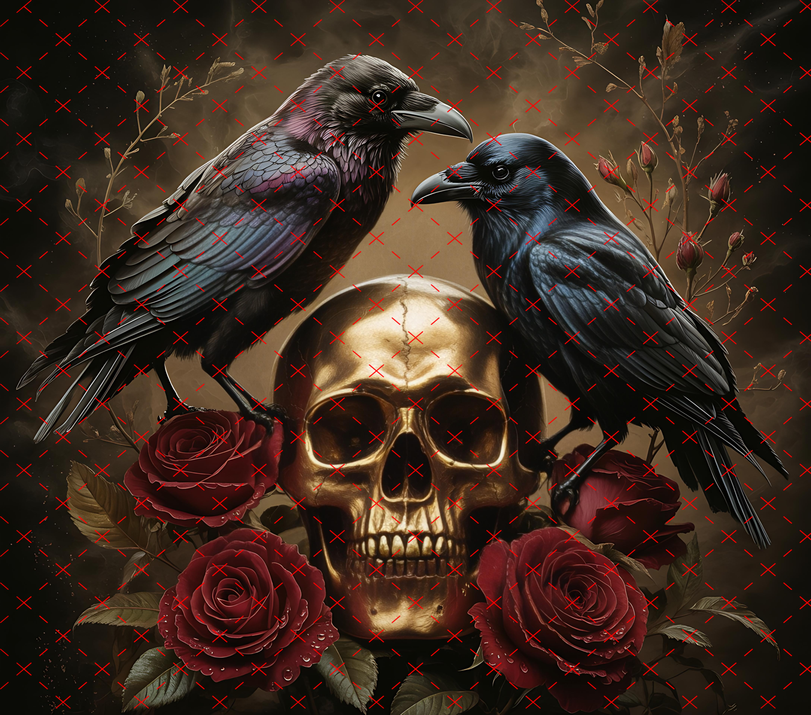 Raven Skull Roses Tumbler Wrap: Gothic Fantasy Crow Duo 20oz PNG (Digital Download)