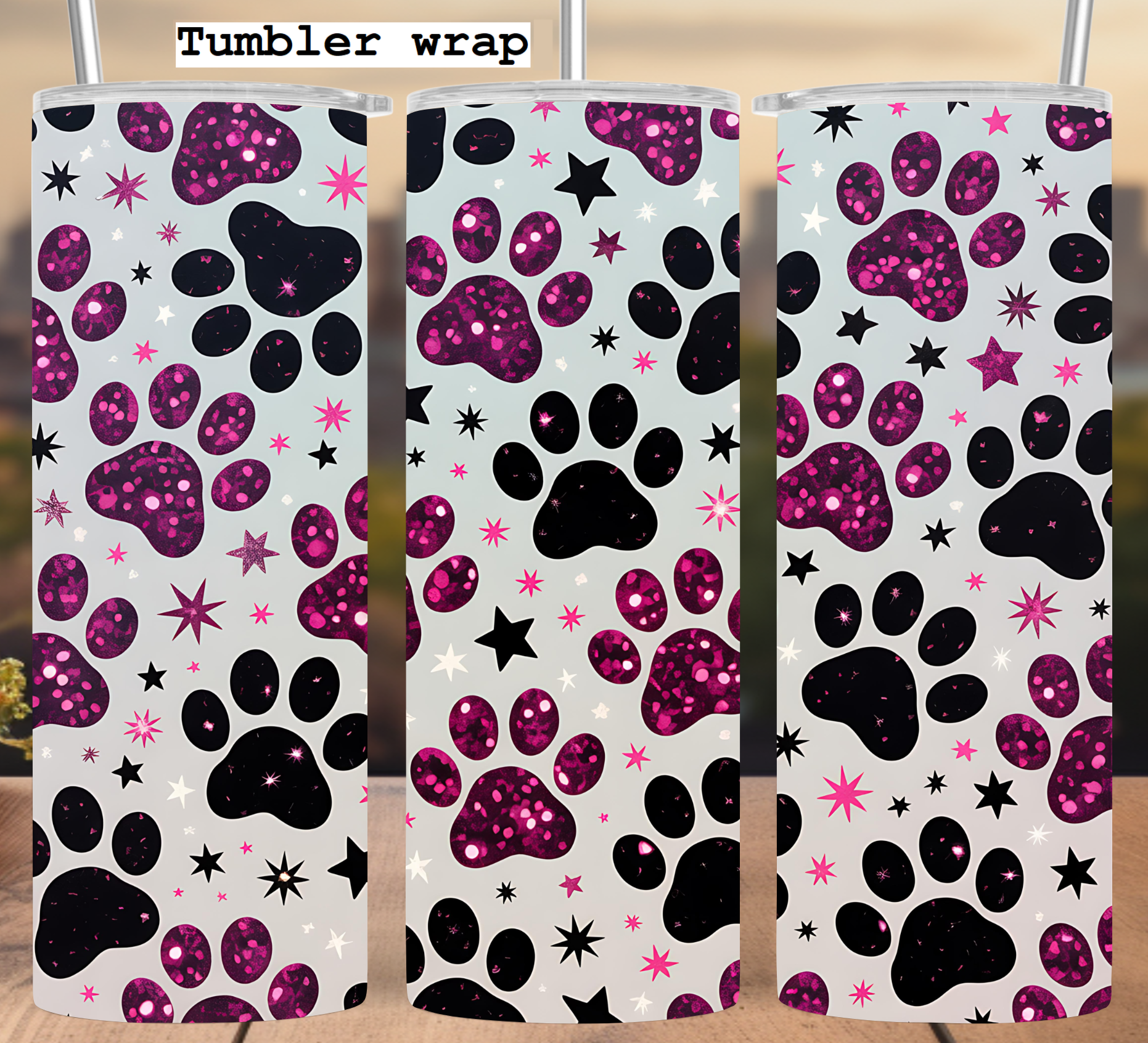 Pink Paw Print Stars: Cute Animal Pattern tumbler wrap 20oz PNG