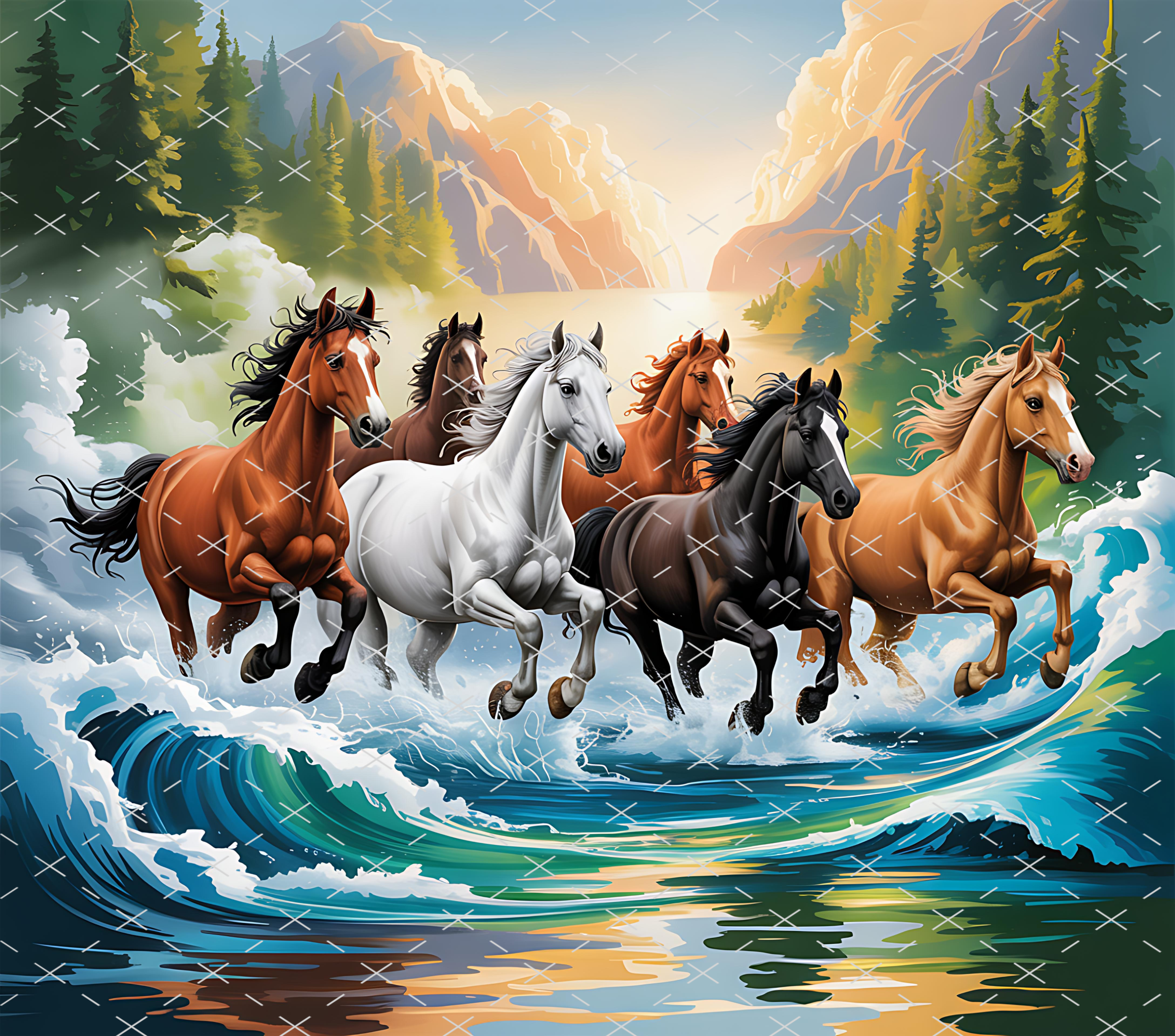 Horses running mountain lake tumbler wrap 20oz PNG