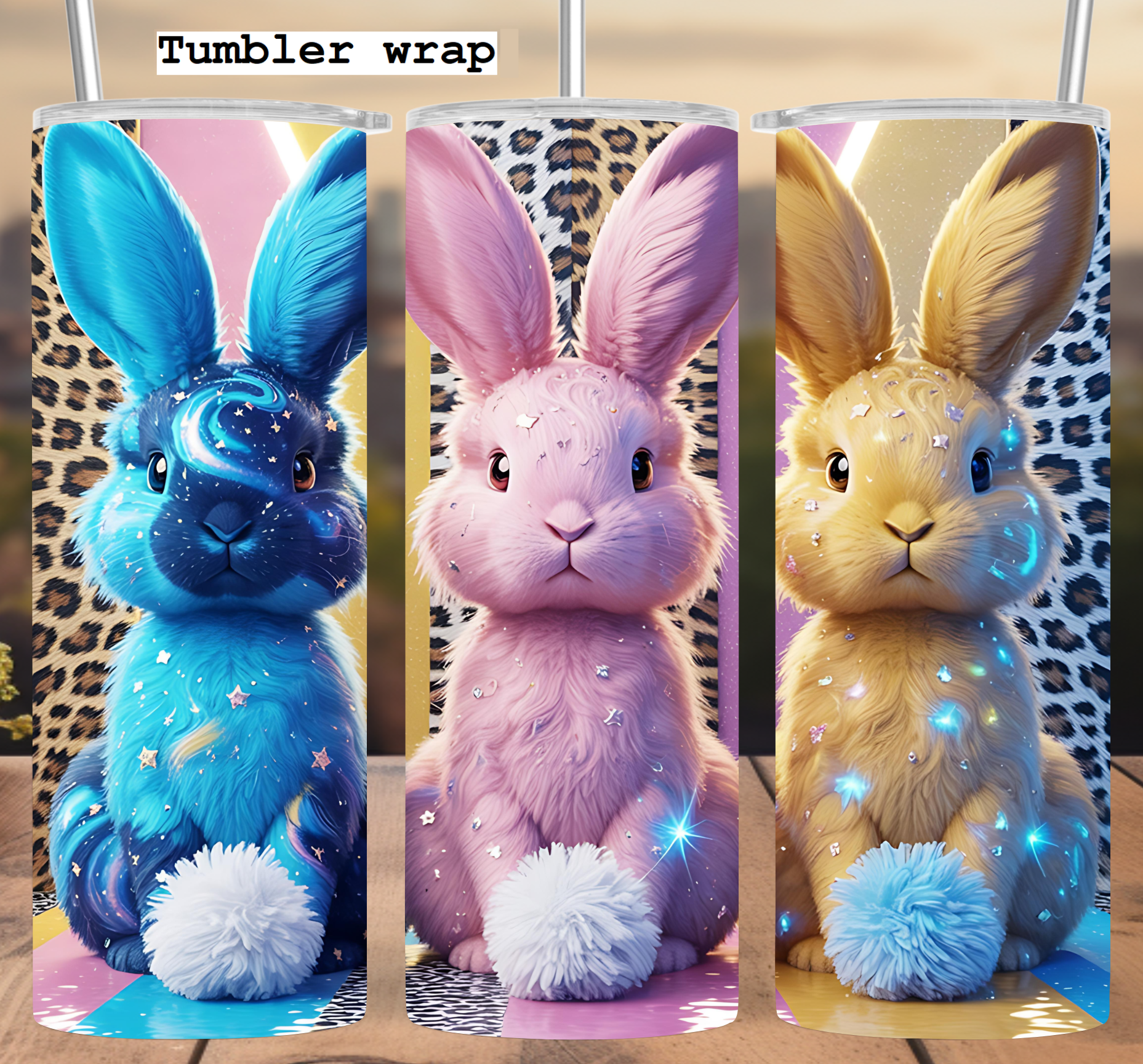 Colorful Easter Bunny Trio: Sparkly Leopard Print Pastel Design tumbler wrap 20oz PNG