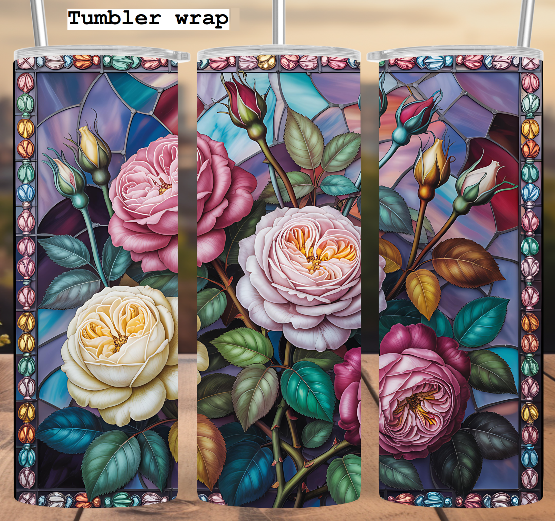 Stained Glass Roses Floral tumbler wrap 20oz PNG